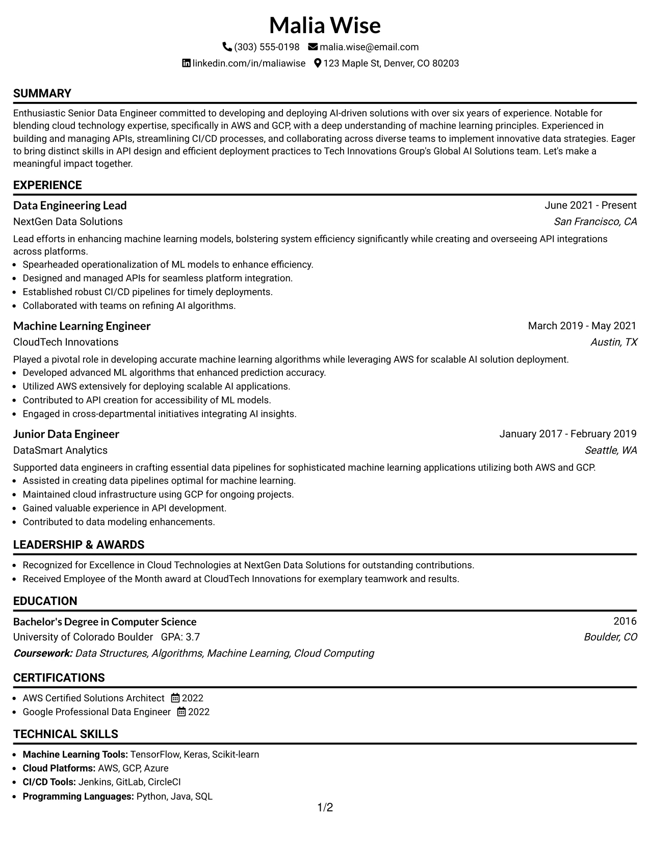 Resume Example Page 1