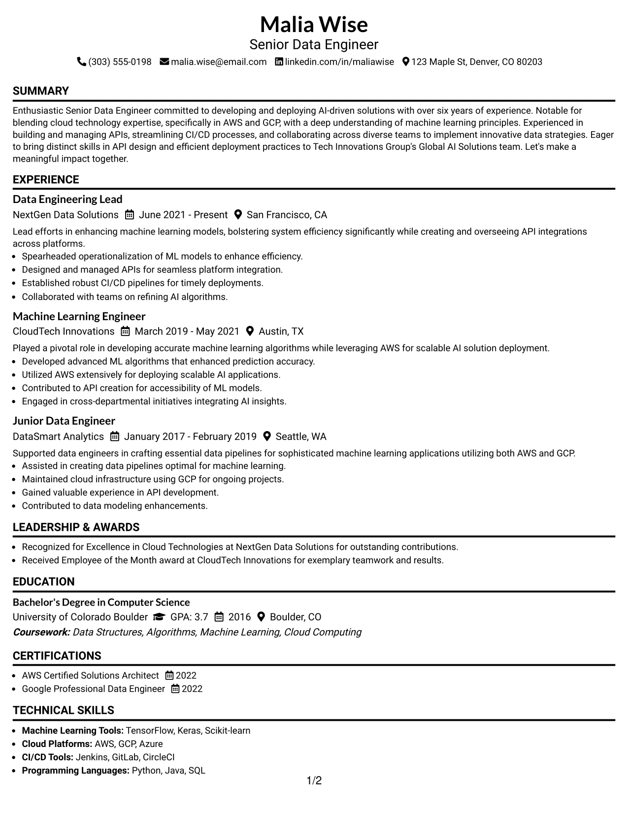 Resume Example Page 1