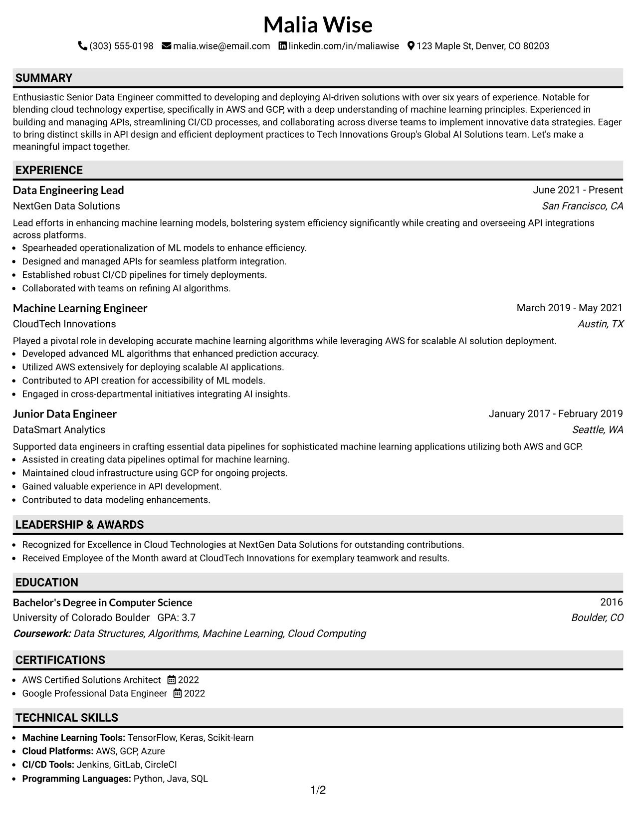 Resume Example Page 1