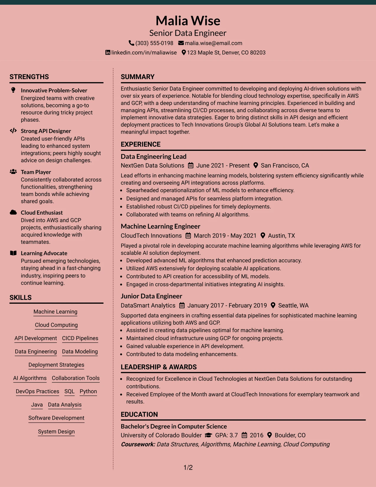 Resume Example Page 1