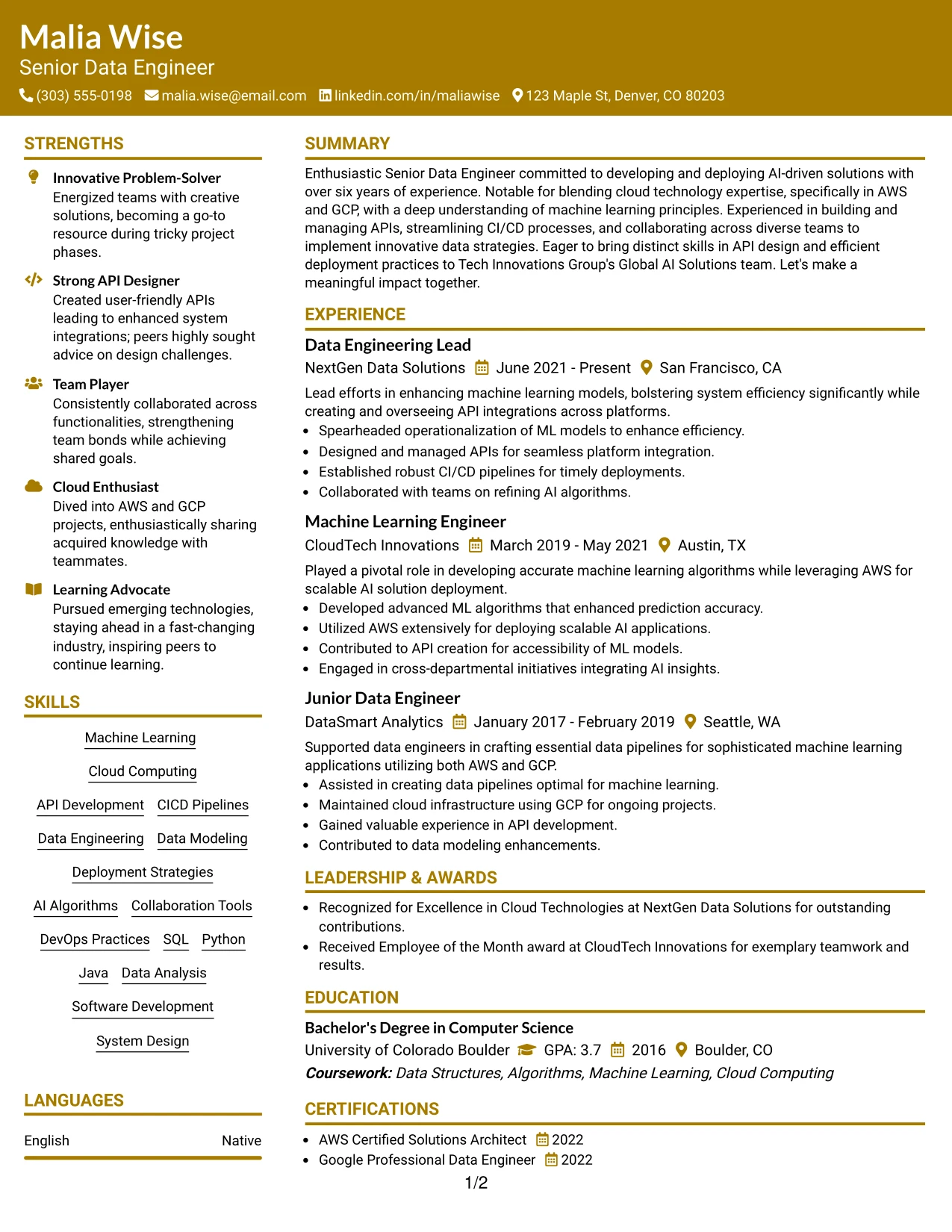 Resume Example Page 1