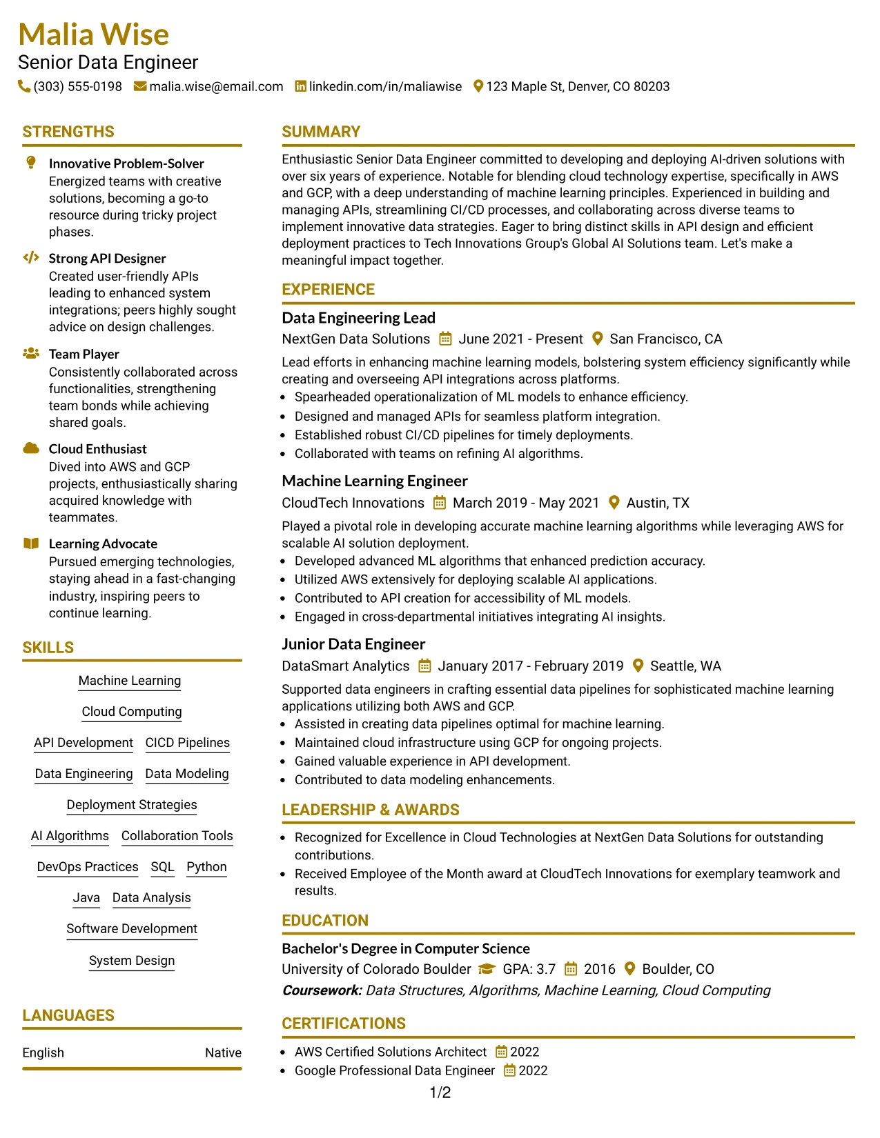 Resume Example Page 1