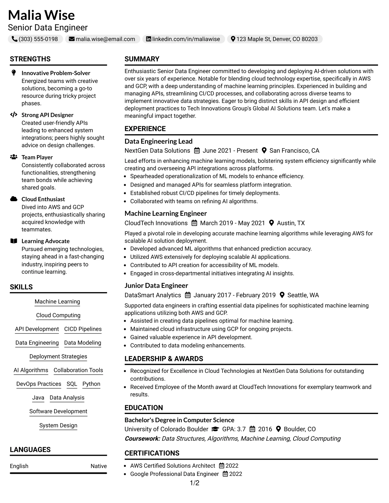 Resume Example Page 1