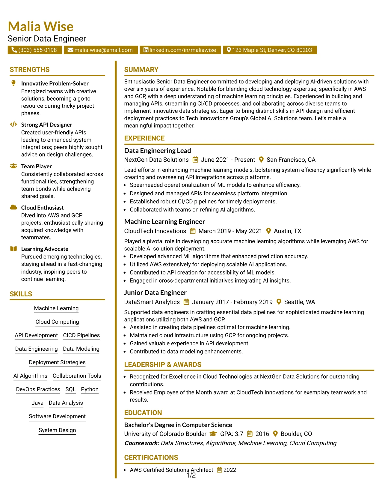Resume Example Page 1