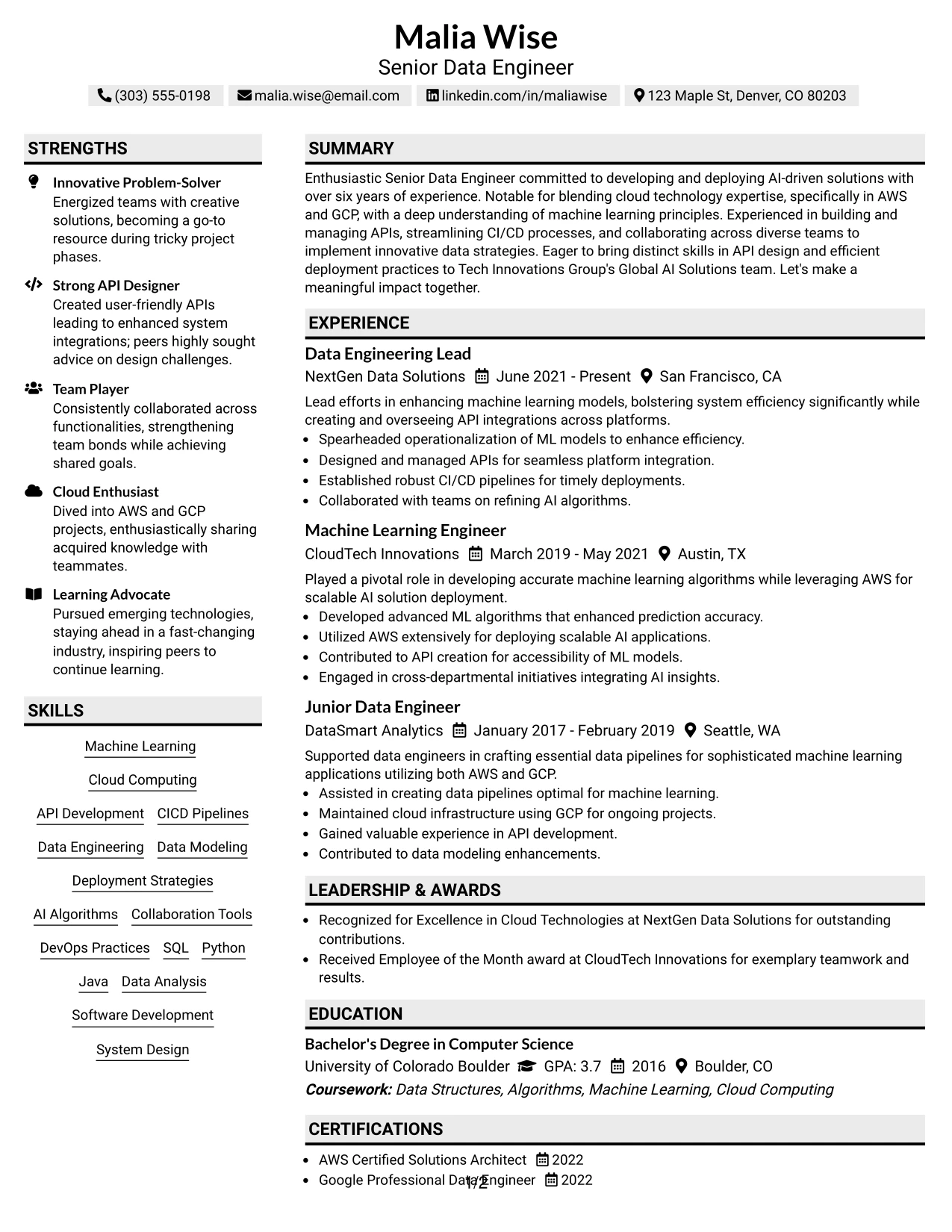 Resume Example Page 1