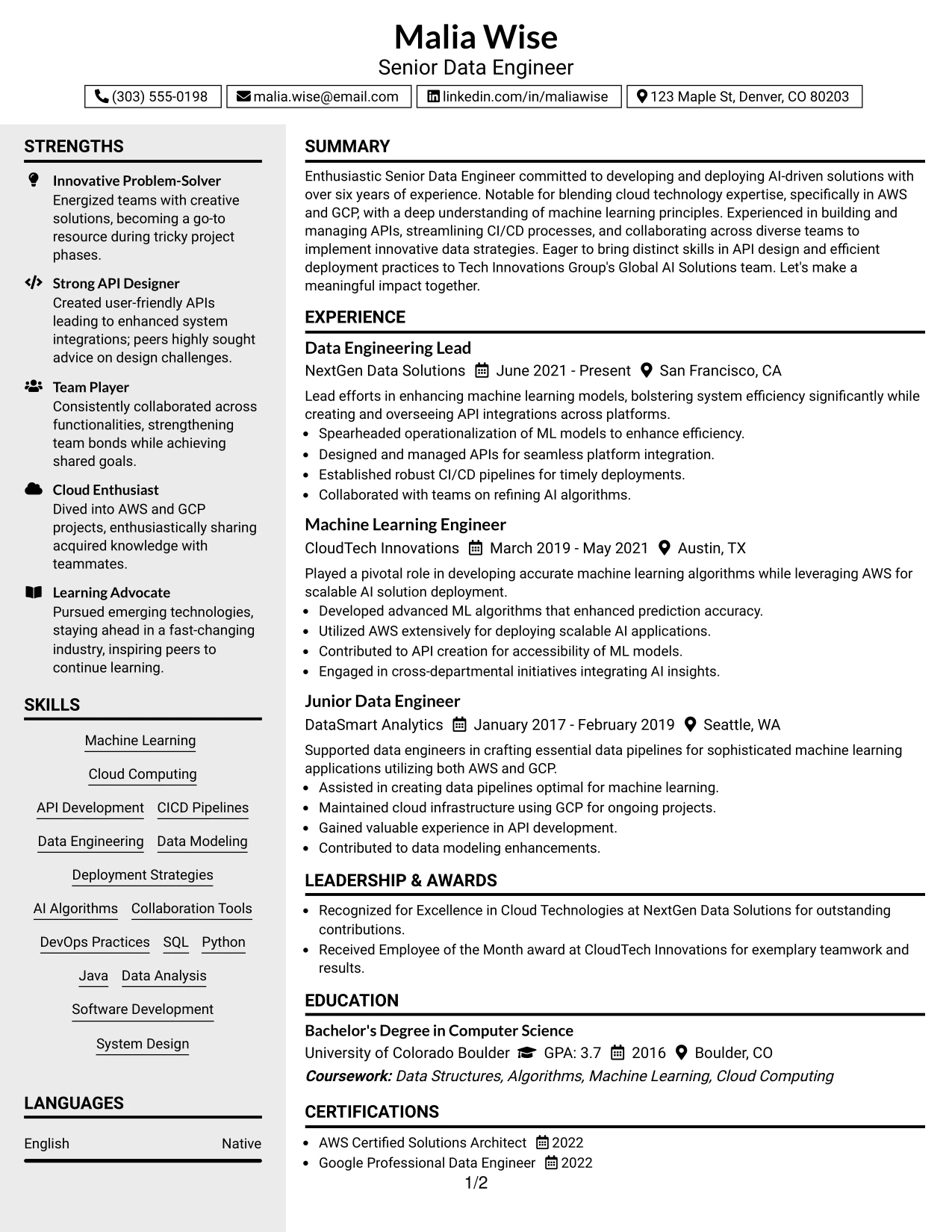 Resume Example Page 1