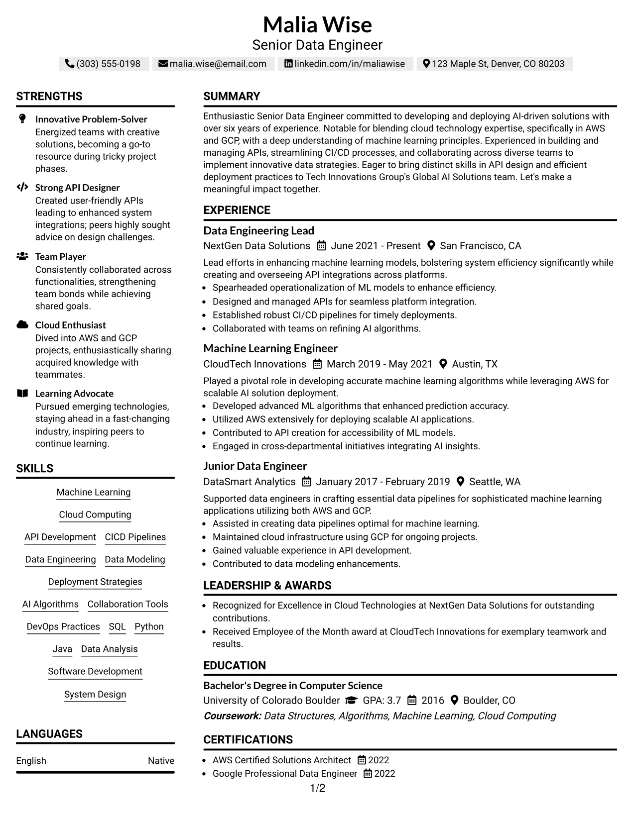 Resume Example Page 1