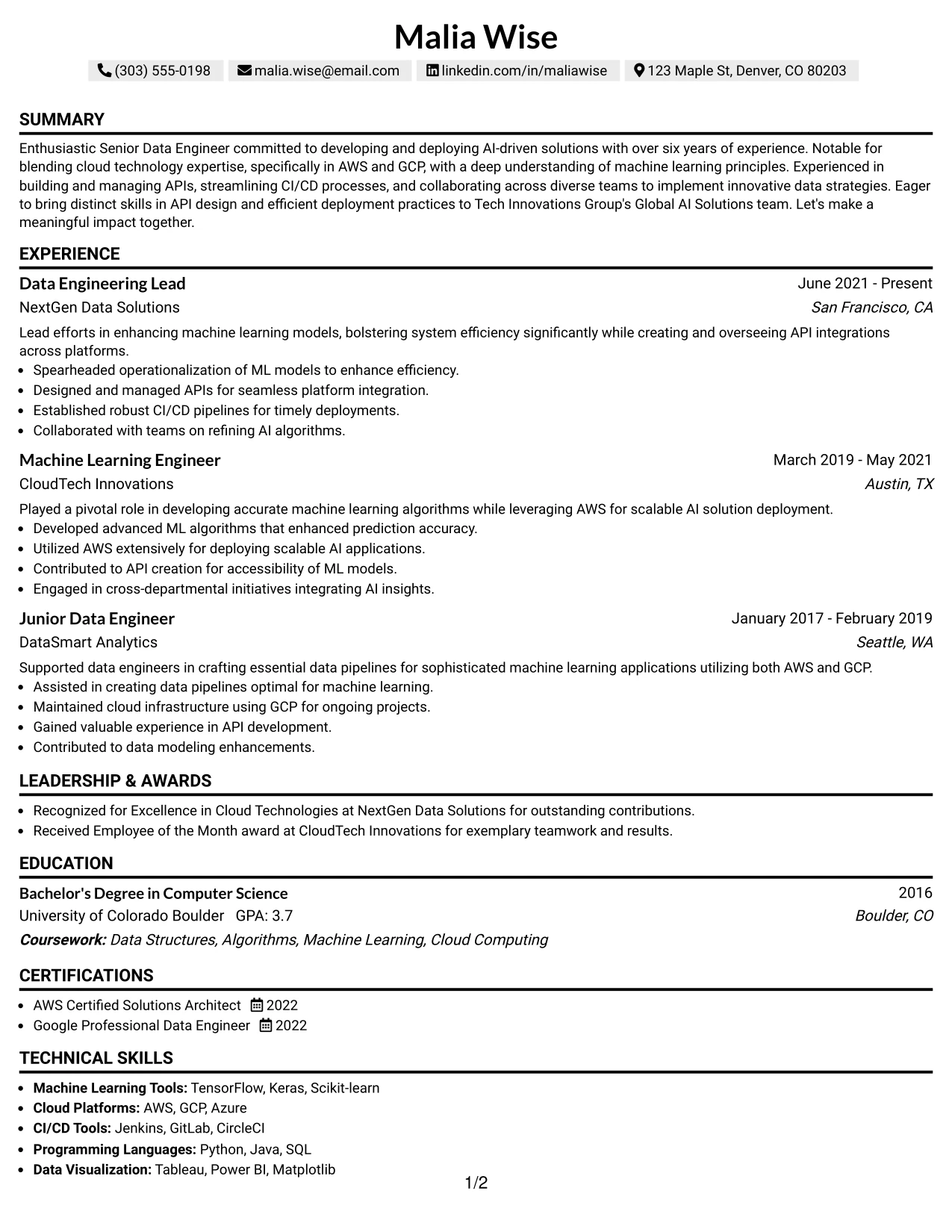 Resume Example Page 1