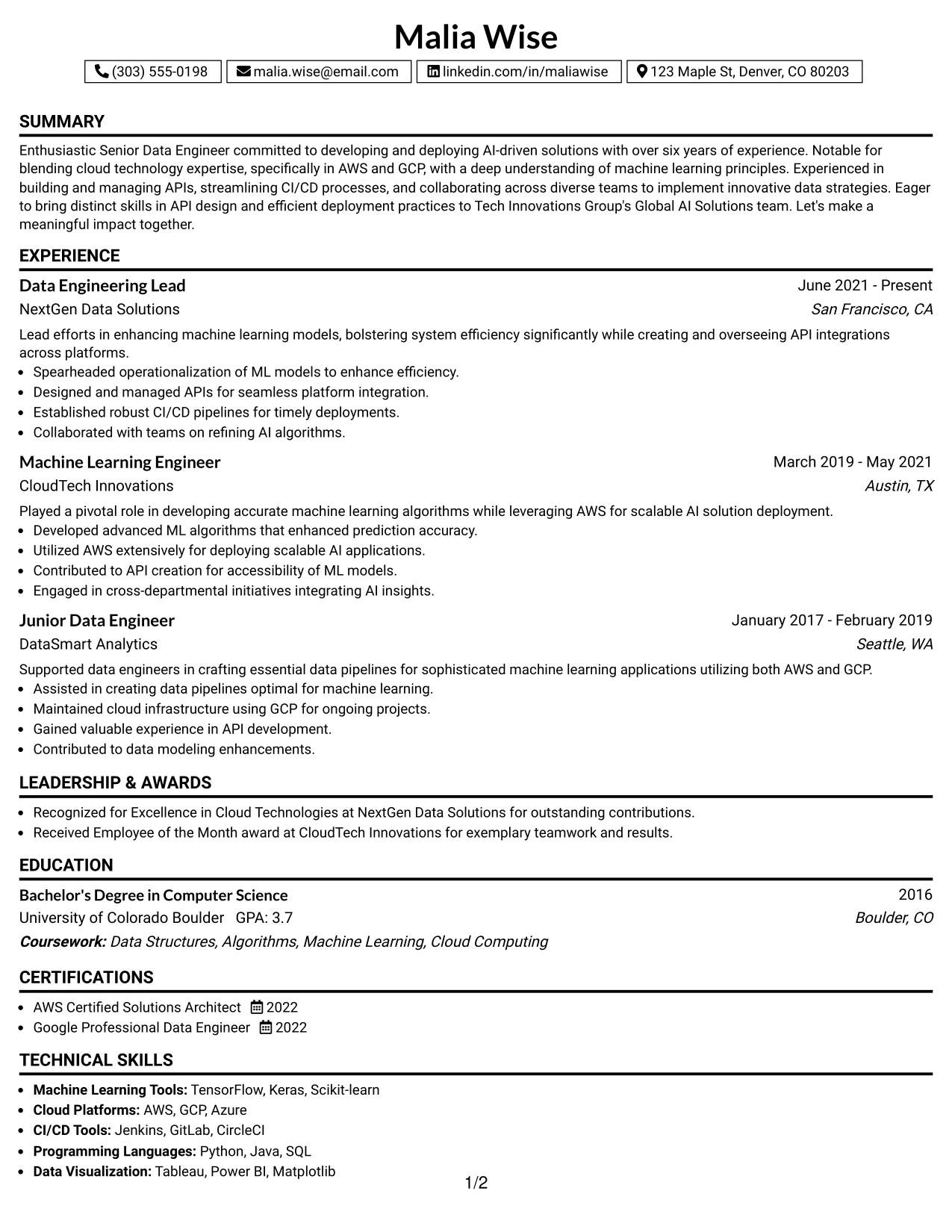 Resume Example Page 1