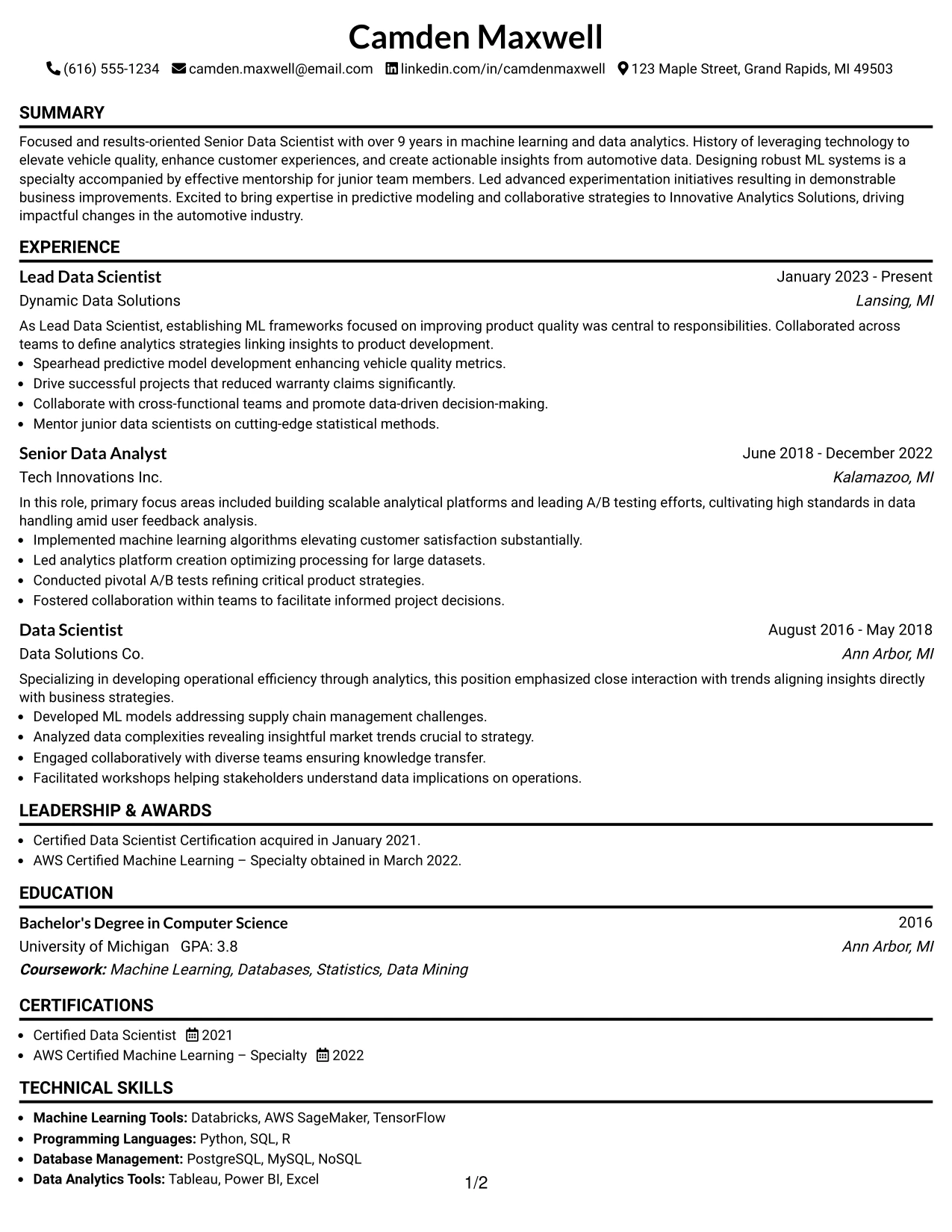 Resume Example Page 1