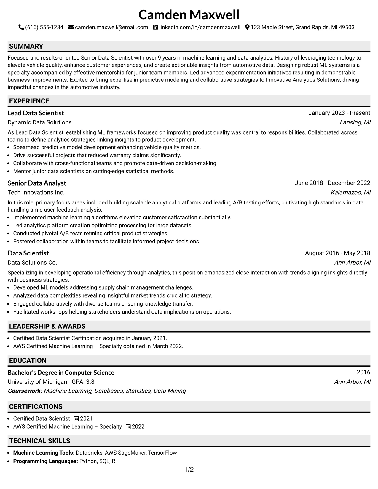 Resume Example Page 1