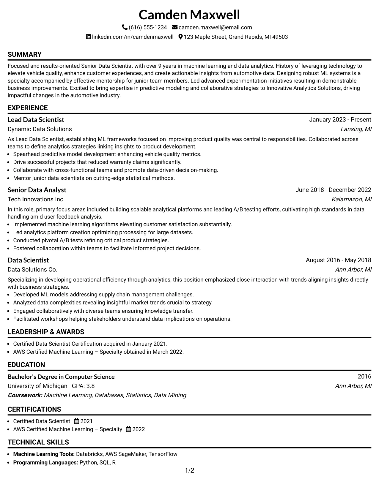 Resume Example Page 1