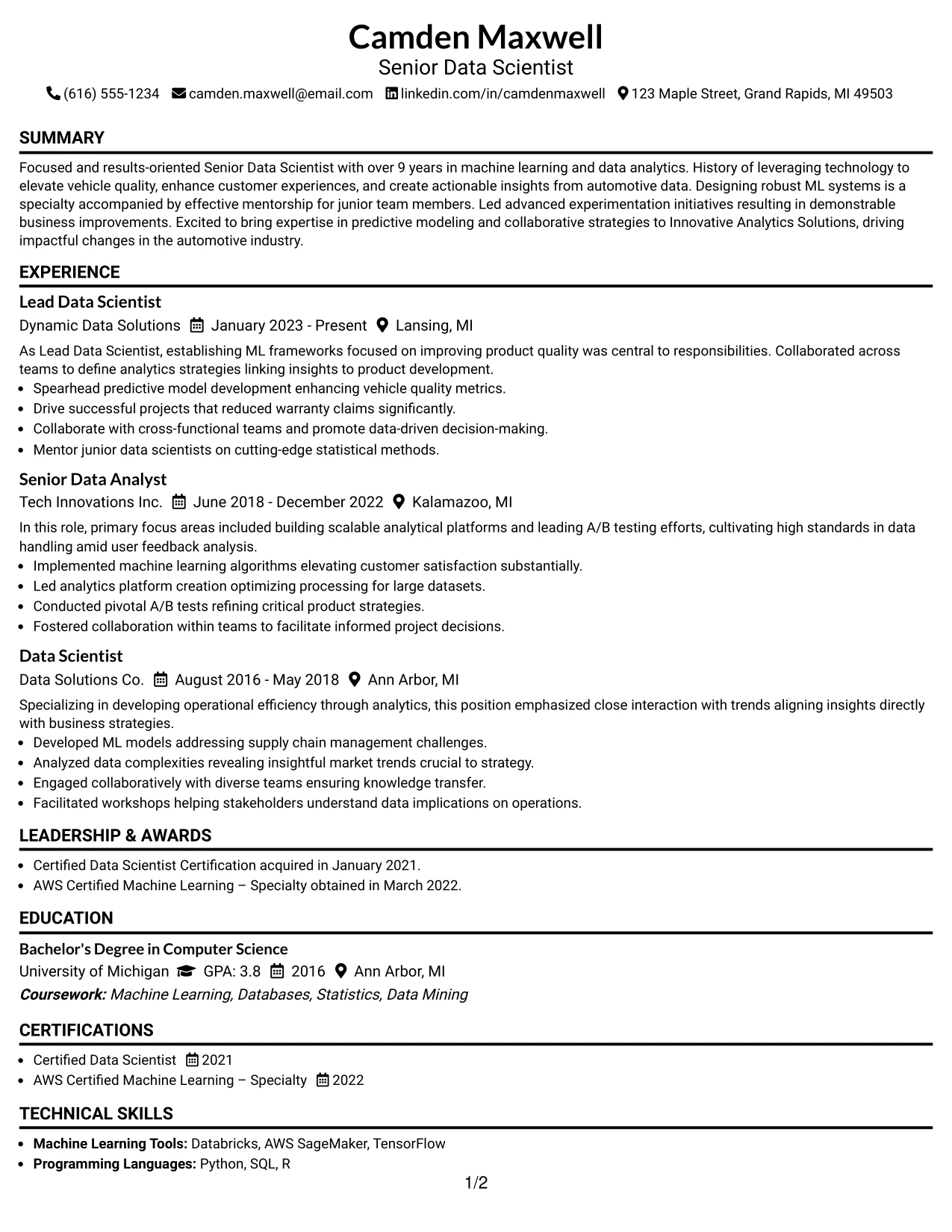 Resume Example Page 1