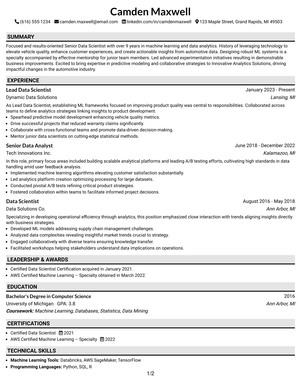 Resume Example Page 1
