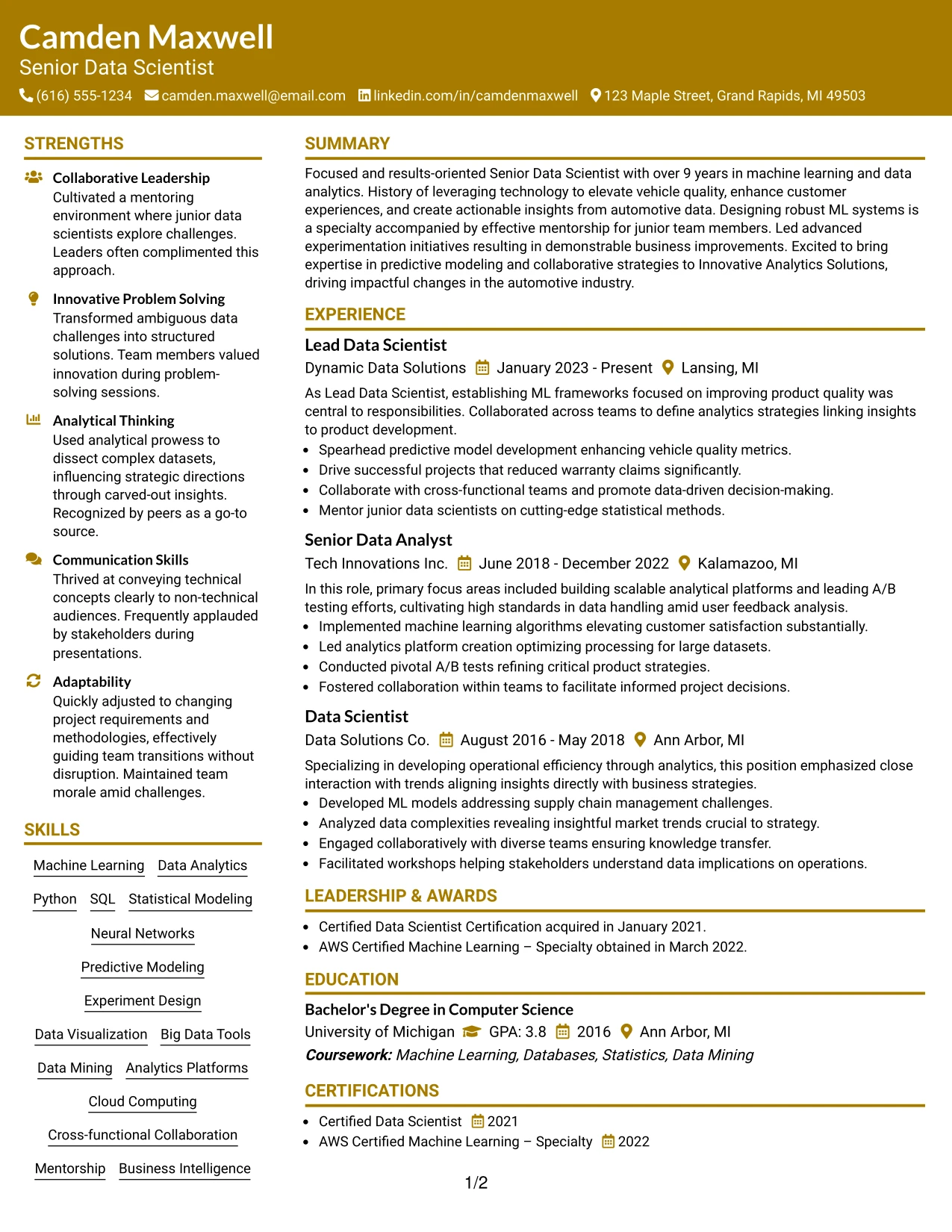 Resume Example Page 1