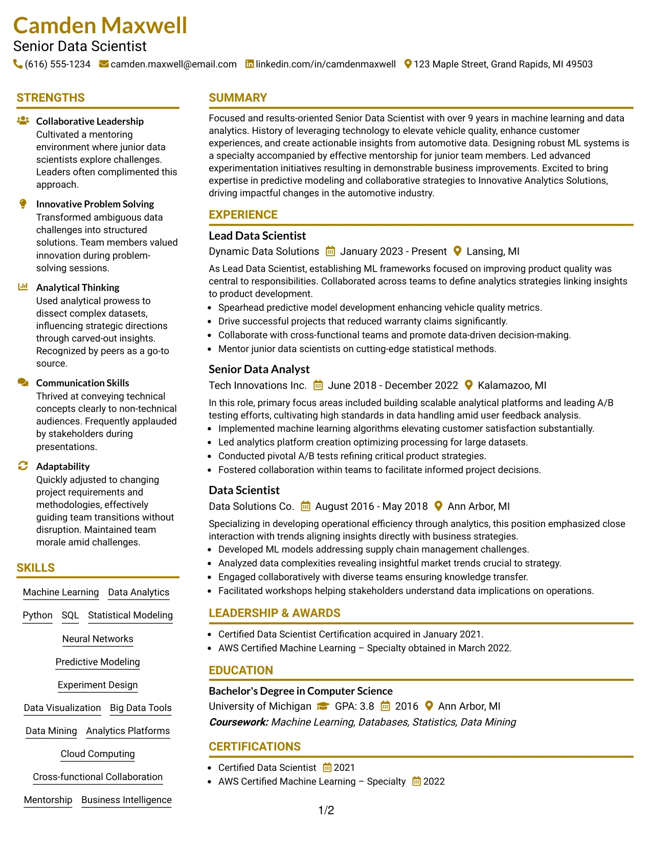 Resume Example Page 1