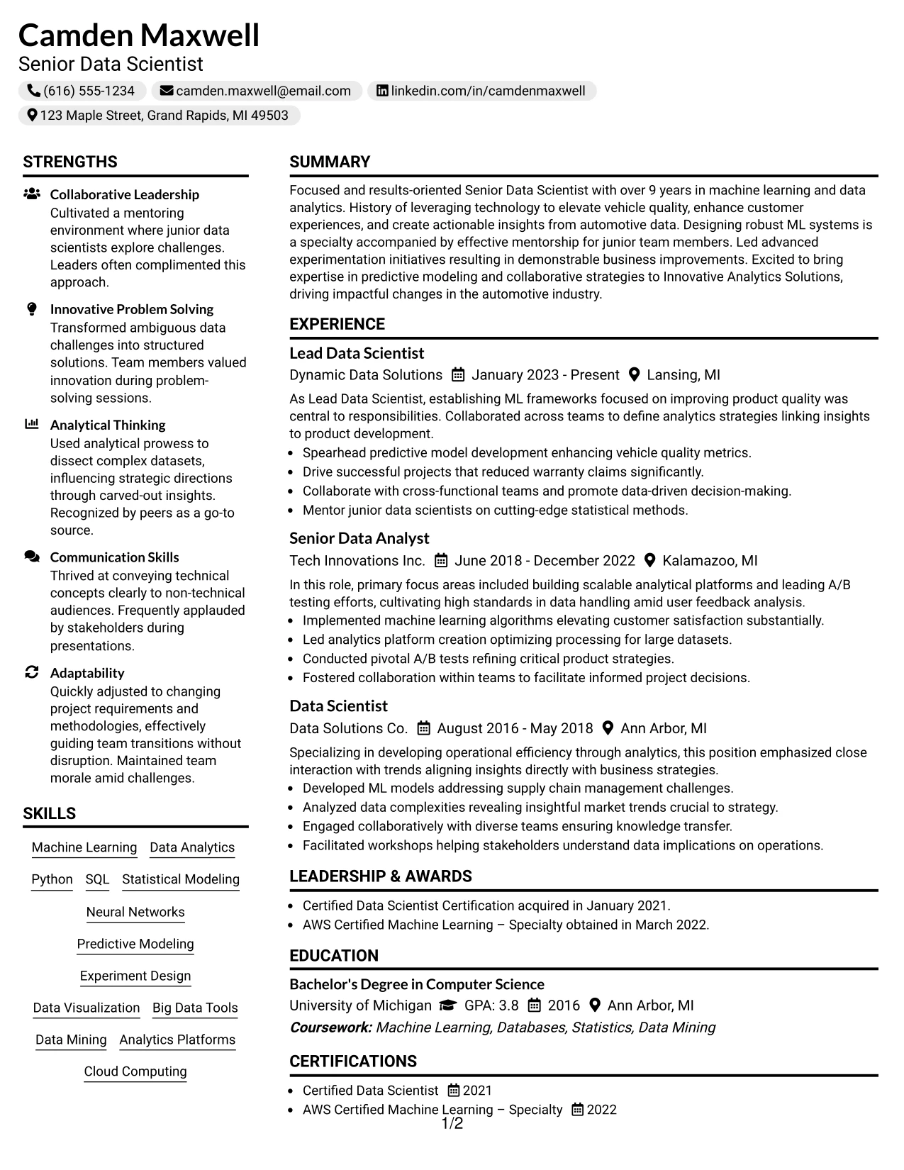 Resume Example Page 1