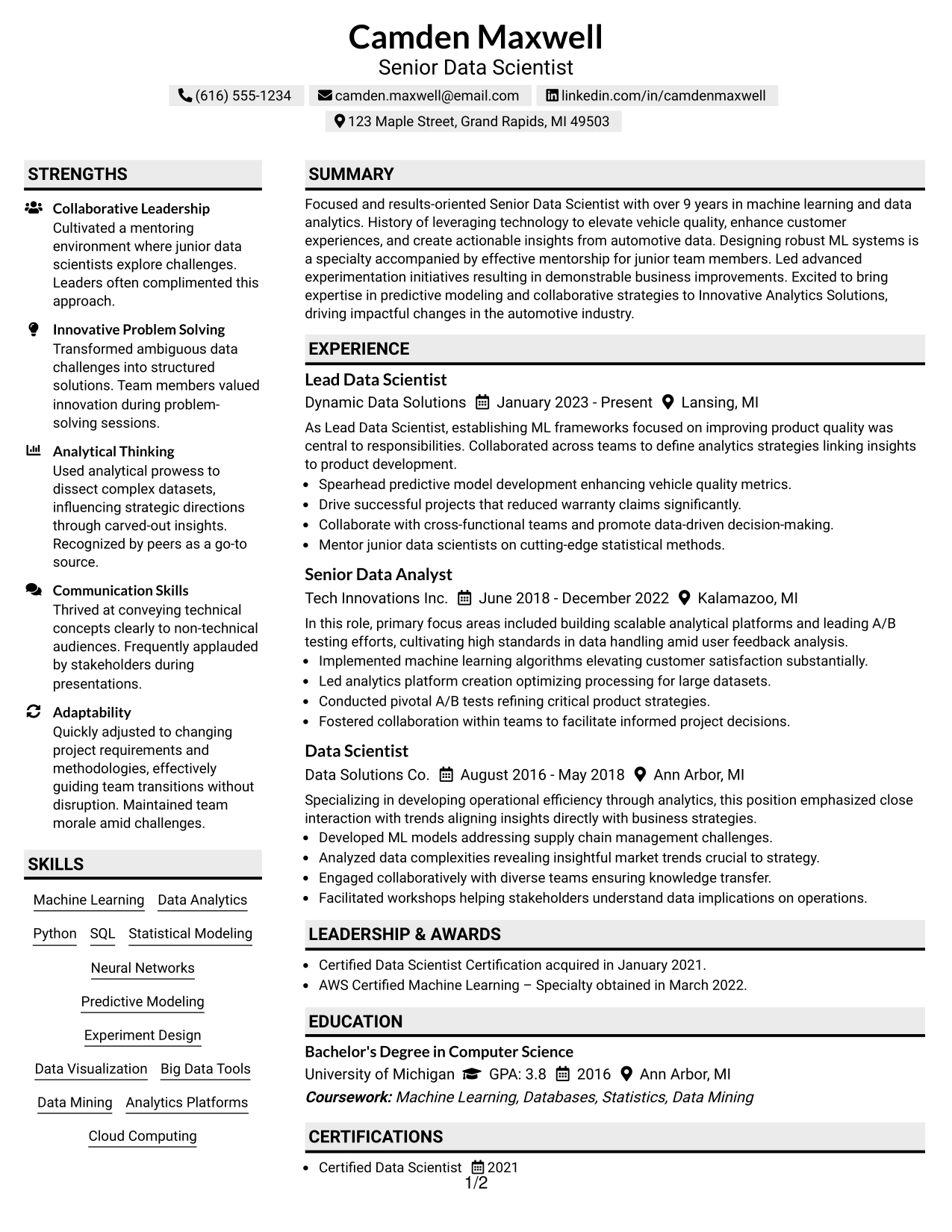 Resume Example Page 1