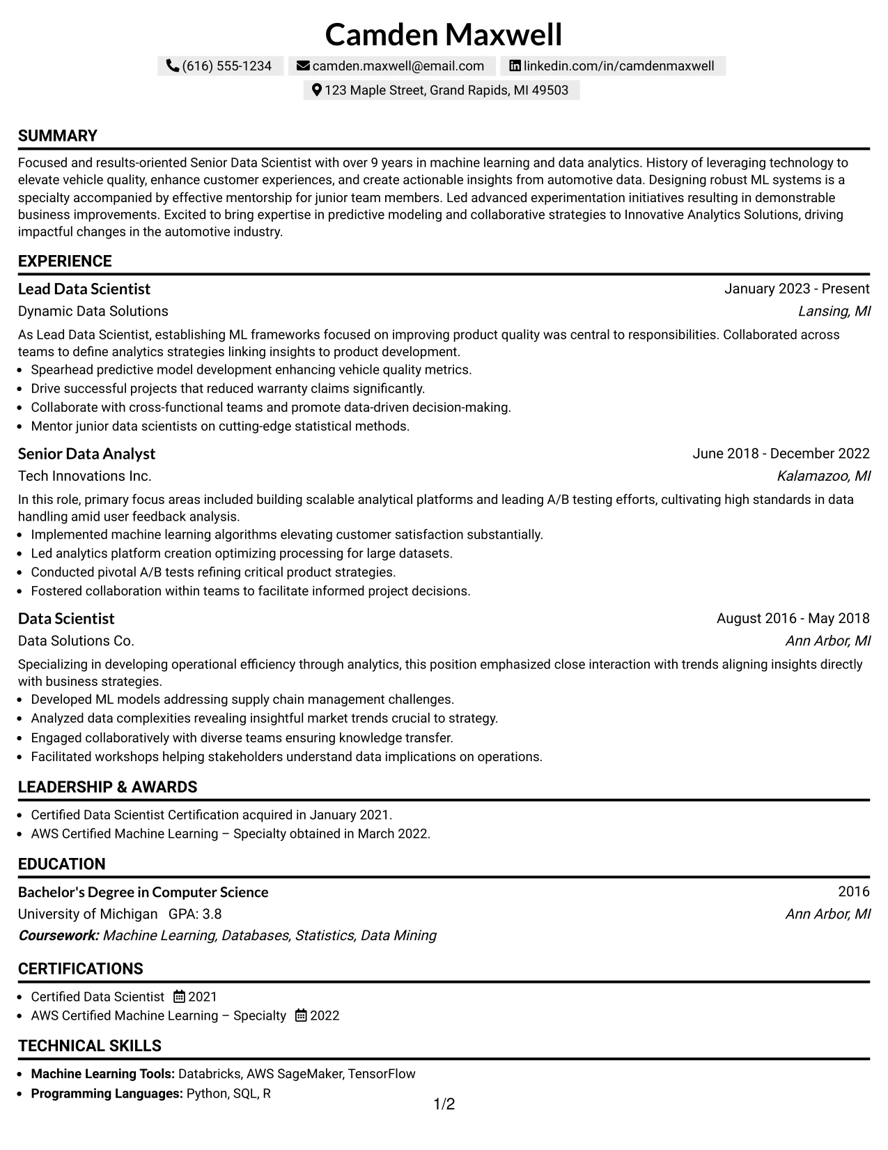 Resume Example Page 1