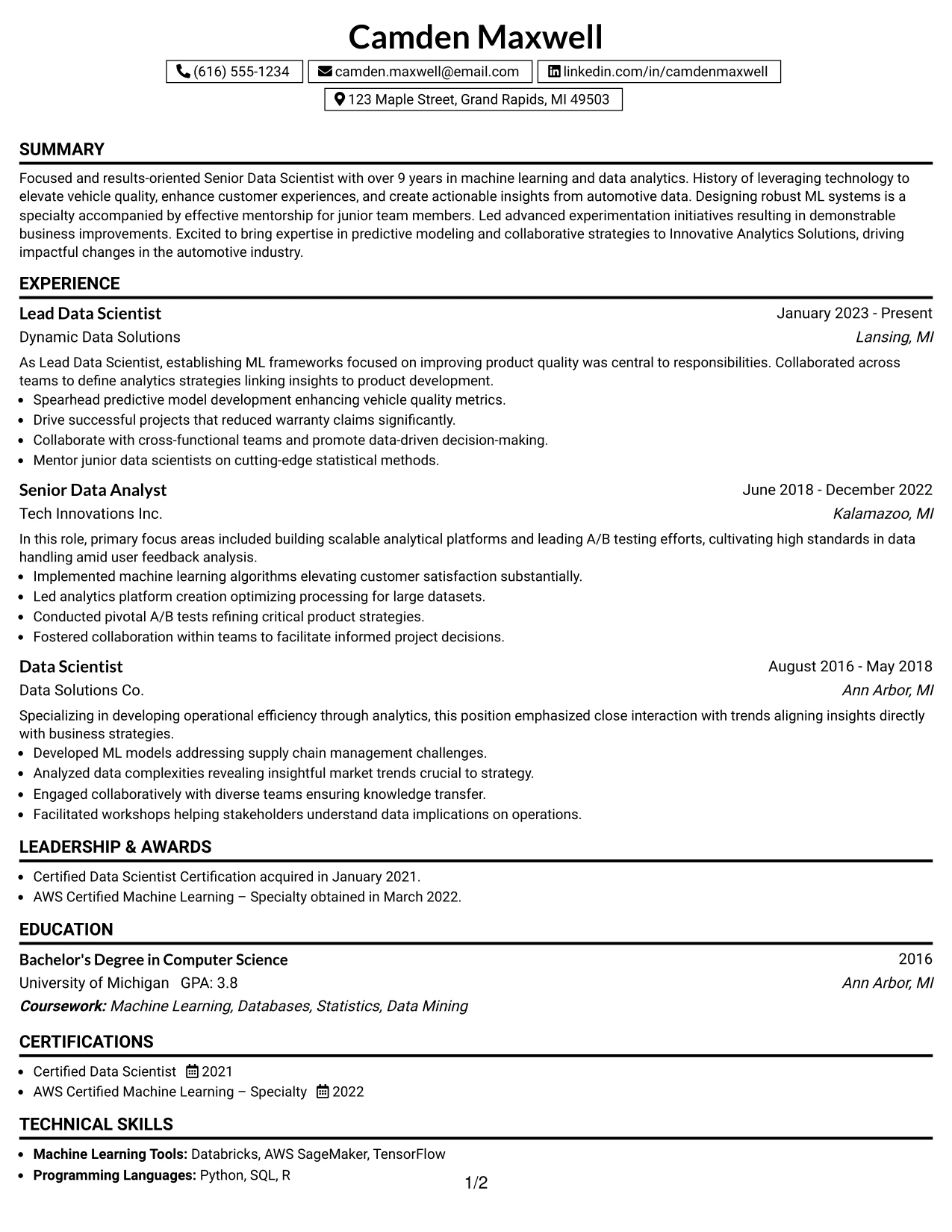Resume Example Page 1