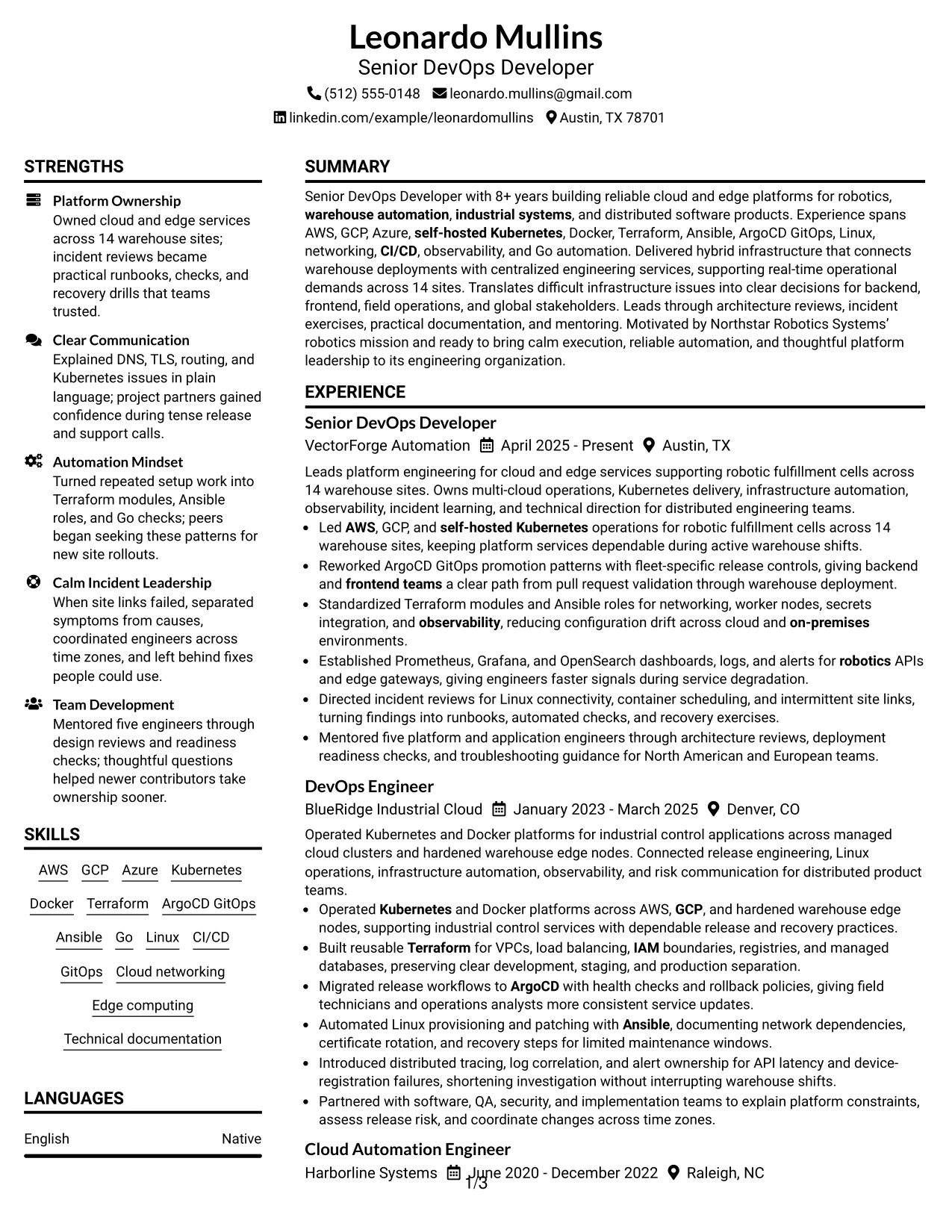 Resume Example Page 1