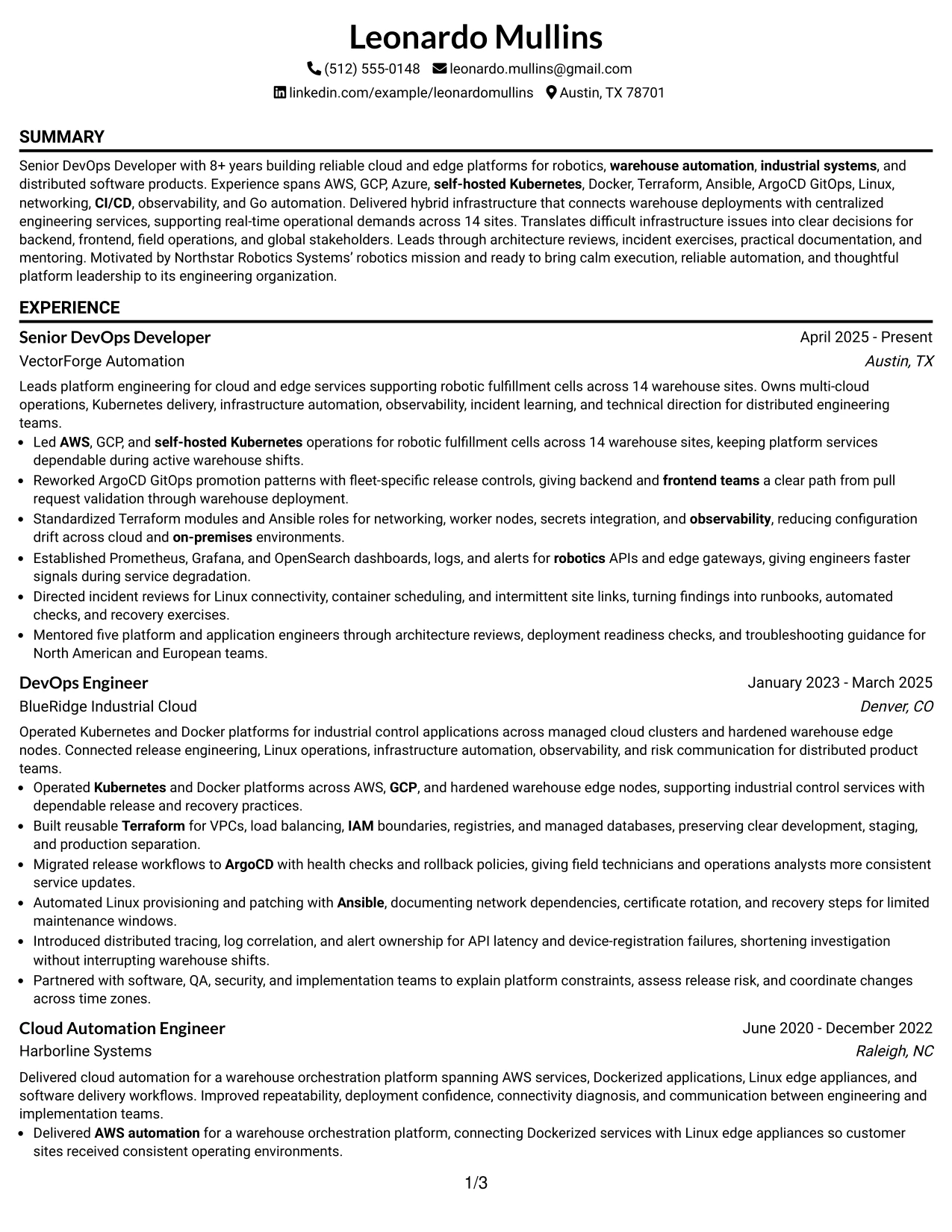 Resume Example Page 1