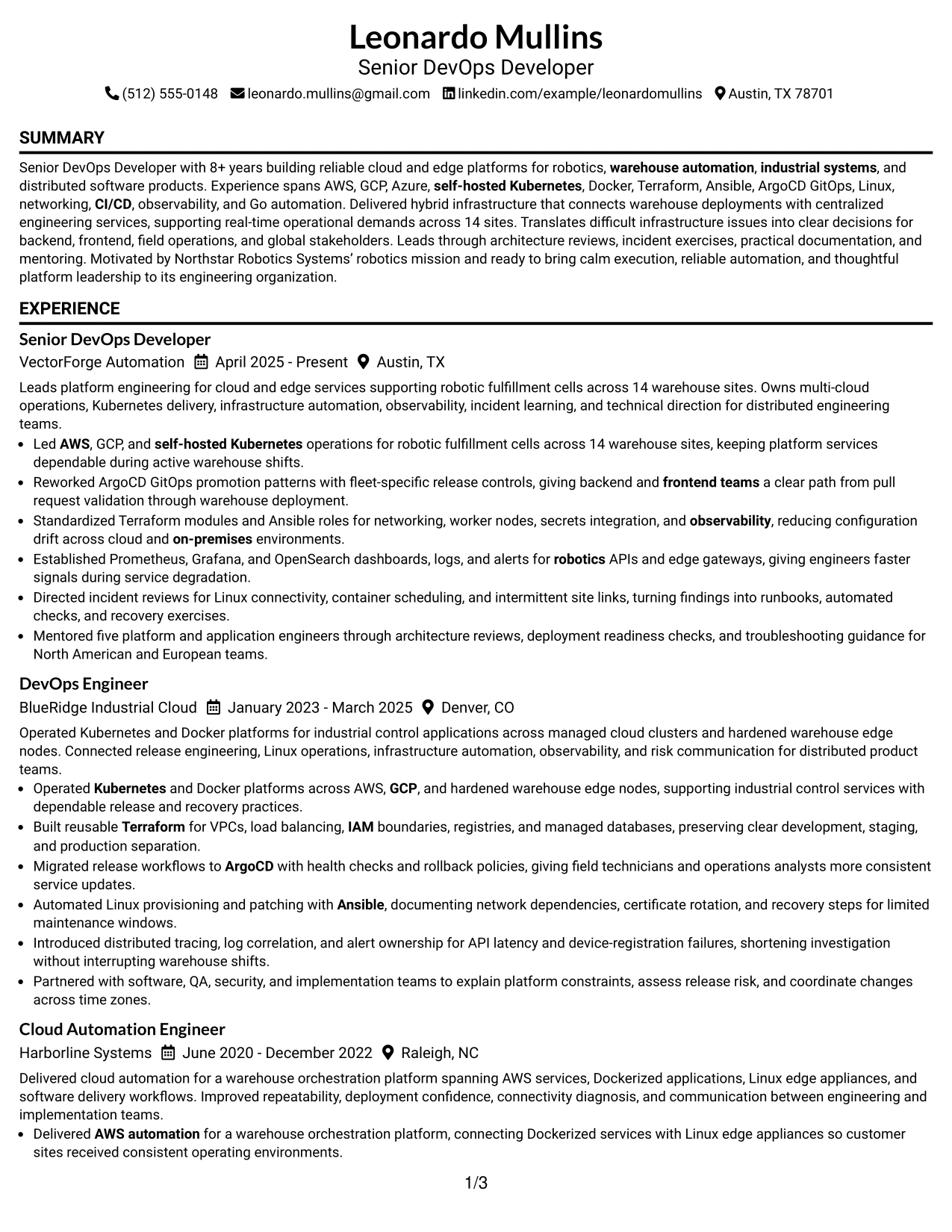 Resume Example Page 1
