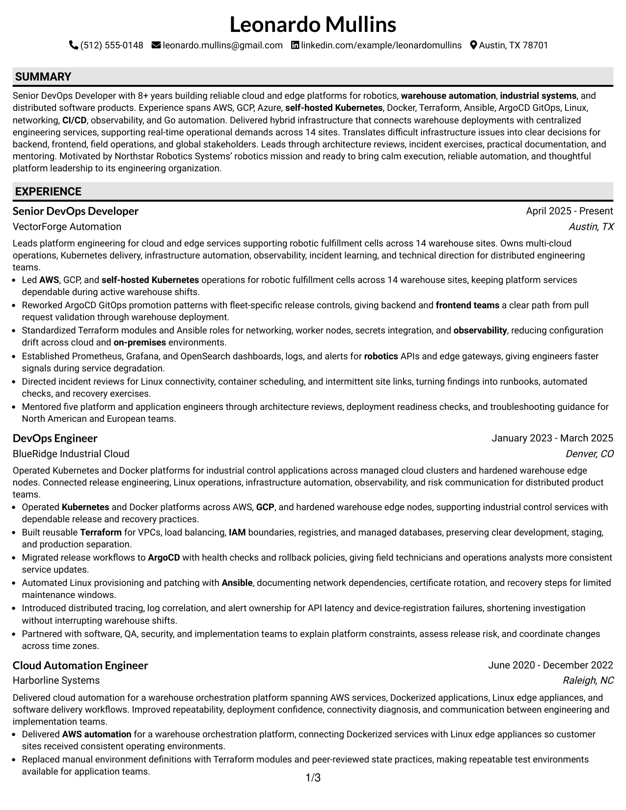 Resume Example Page 1