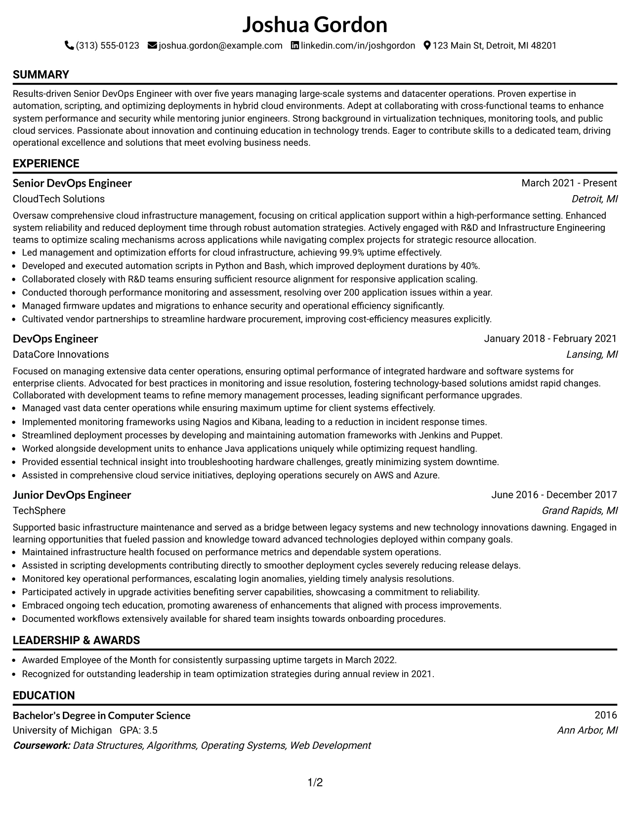 Resume Example Page 1