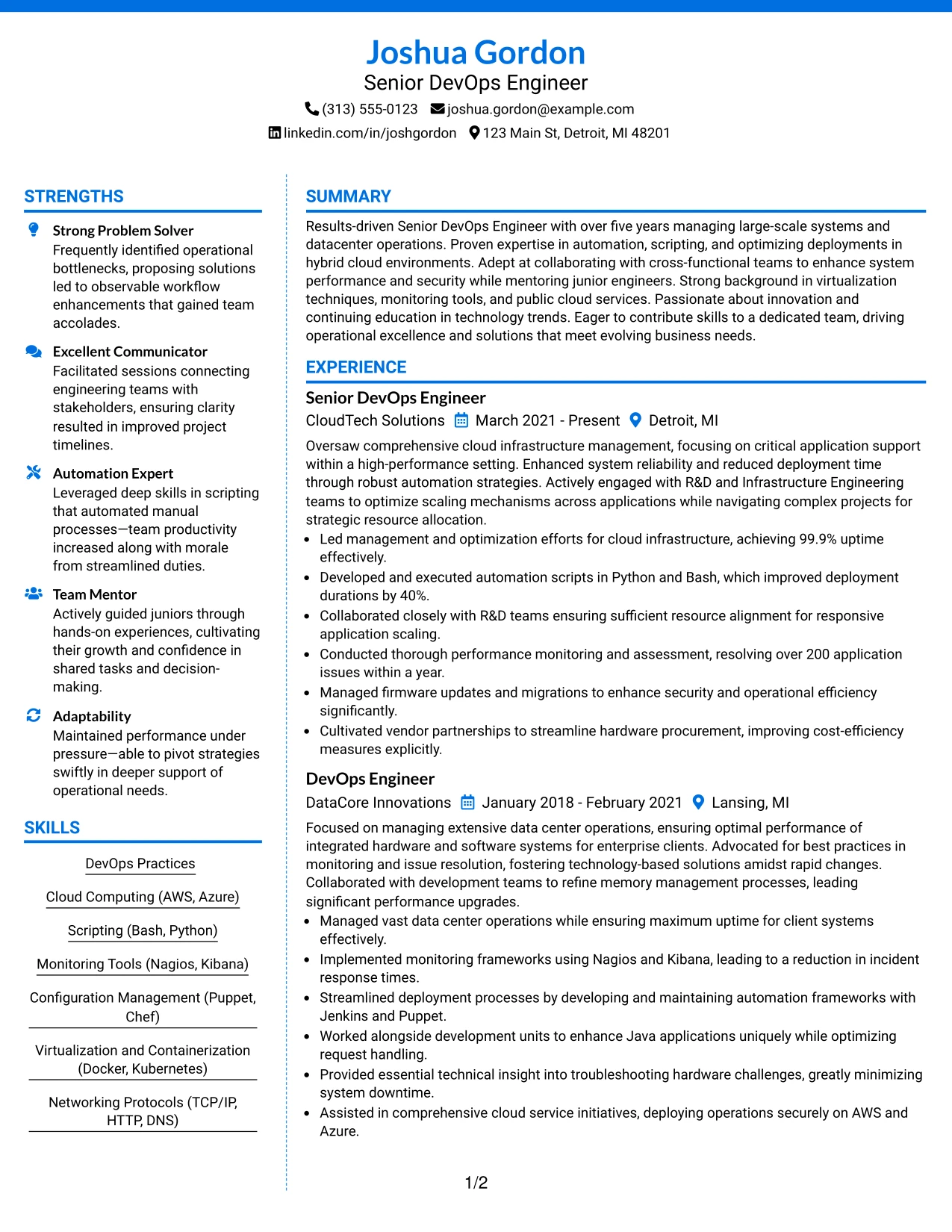 Resume Example Page 1