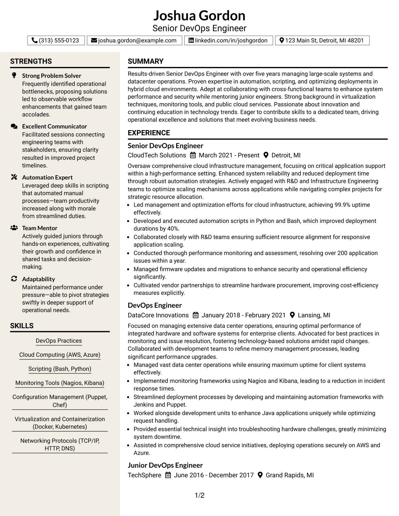 Resume Example Page 1