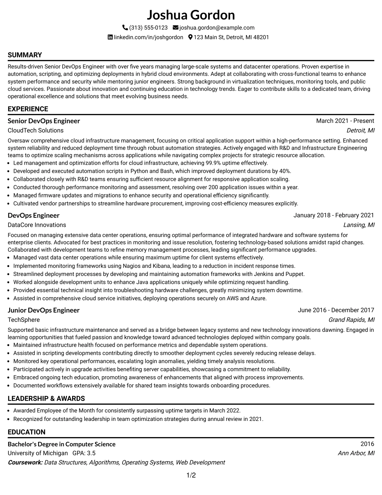 Resume Example Page 1