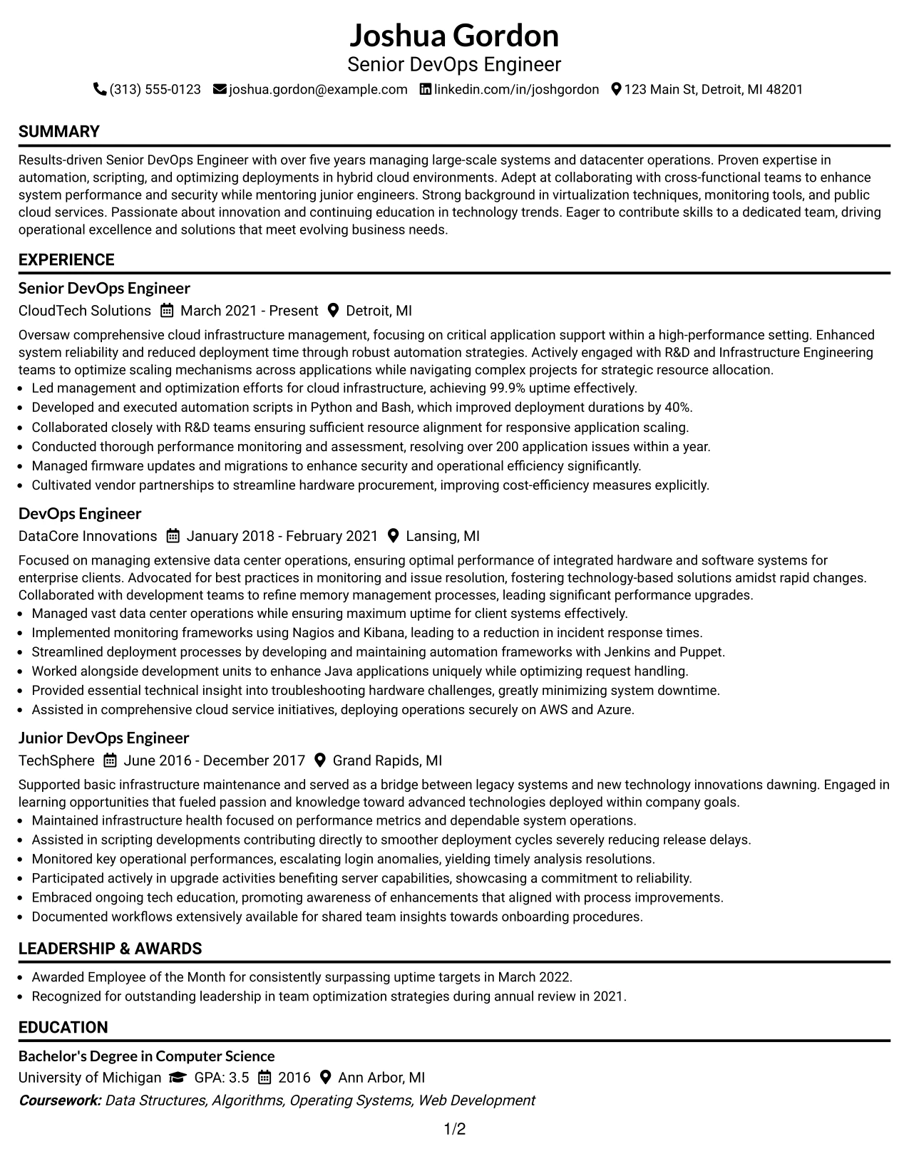 Resume Example Page 1