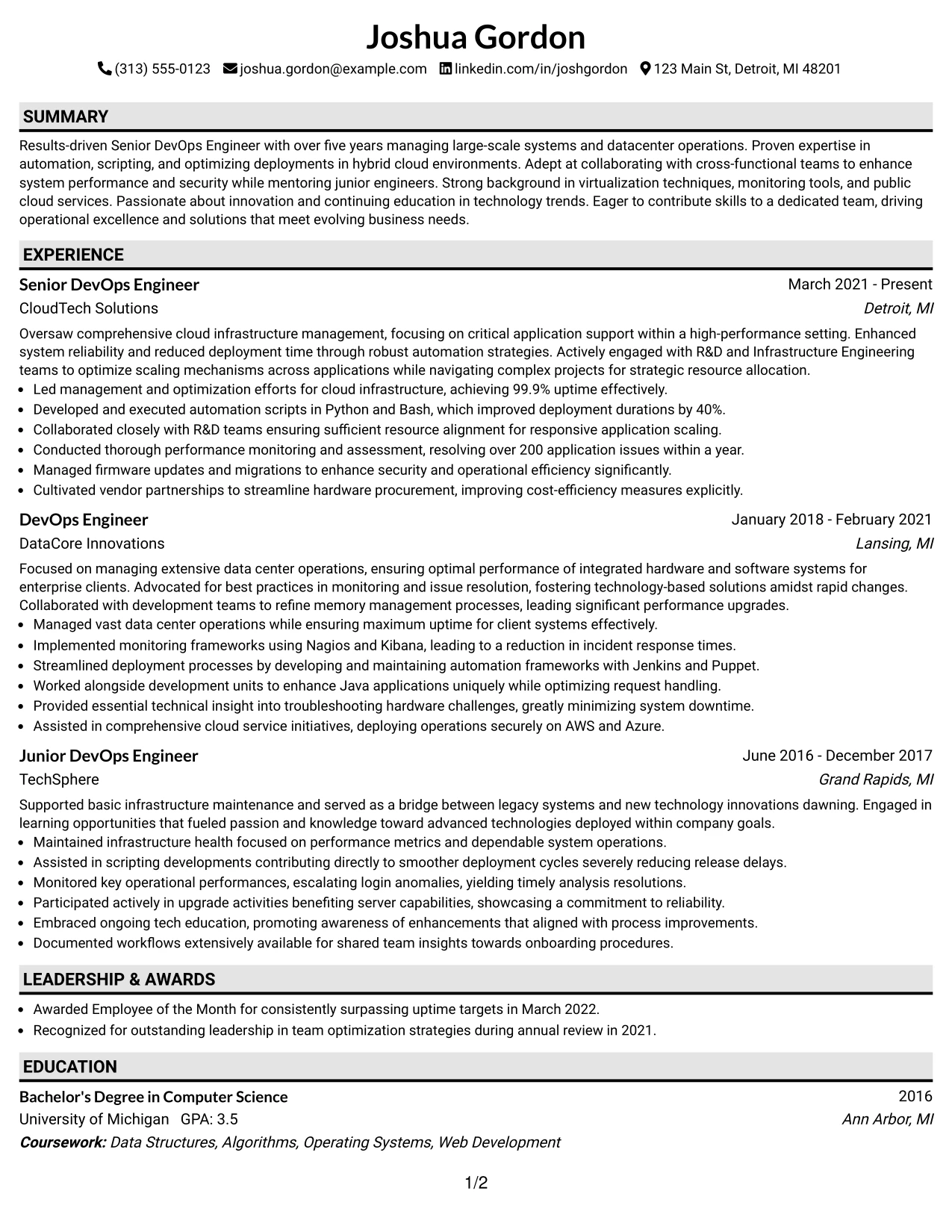 Resume Example Page 1