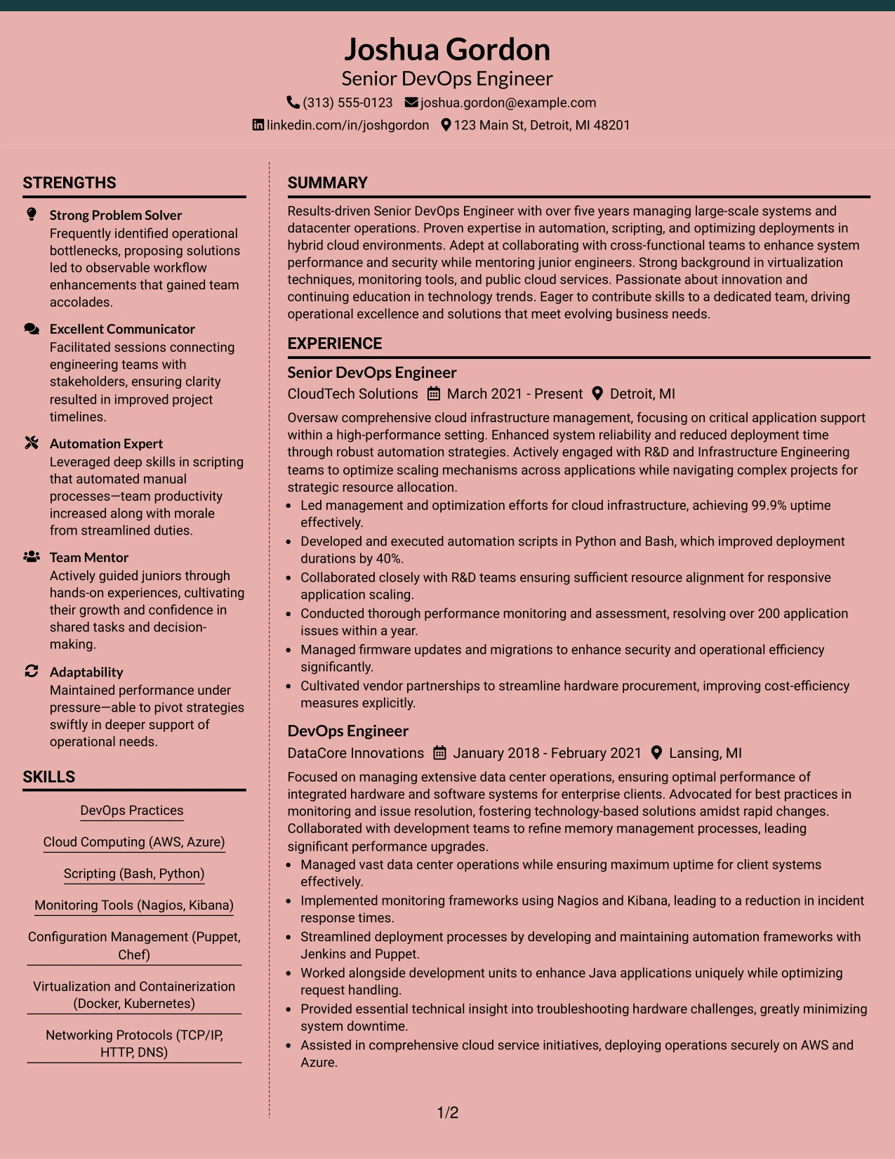 Resume Example Page 1
