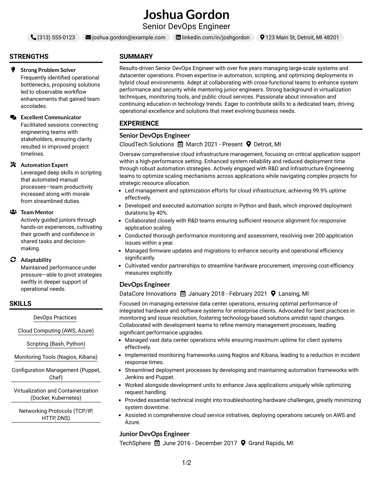 Resume Example Page 1