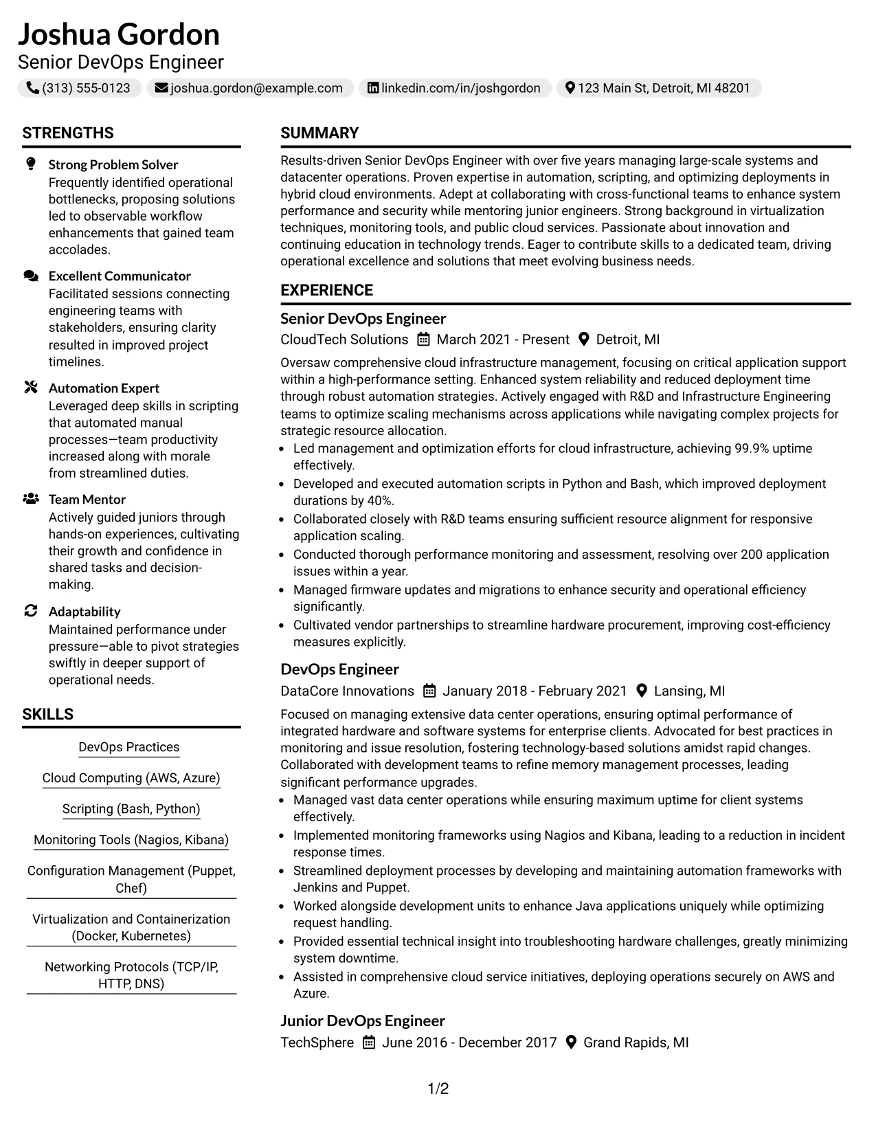 Resume Example Page 1