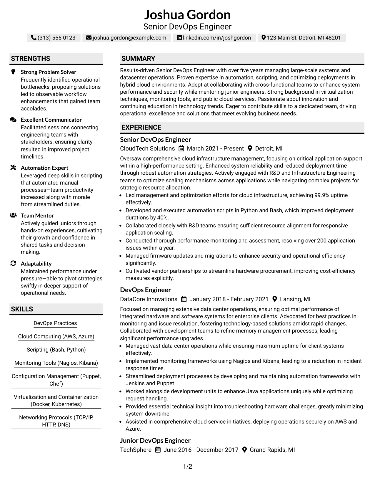 Resume Example Page 1