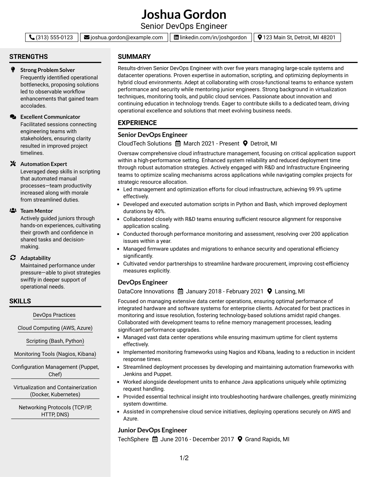 Resume Example Page 1