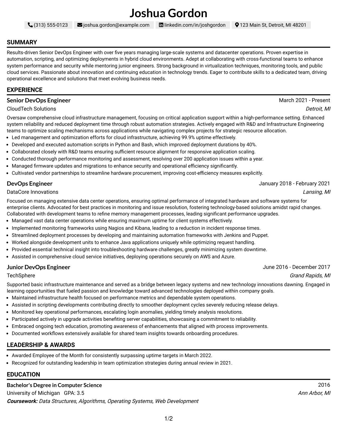 Resume Example Page 1