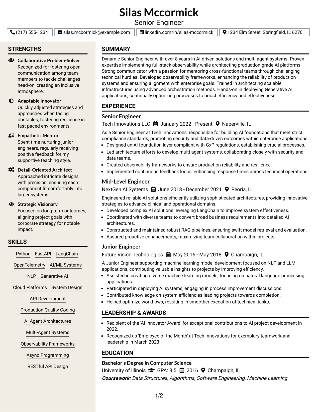 Resume Example Page 1