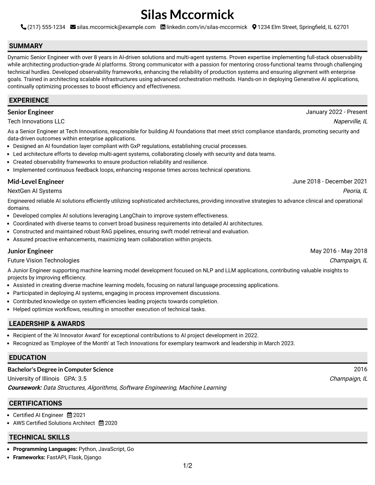 Resume Example Page 1
