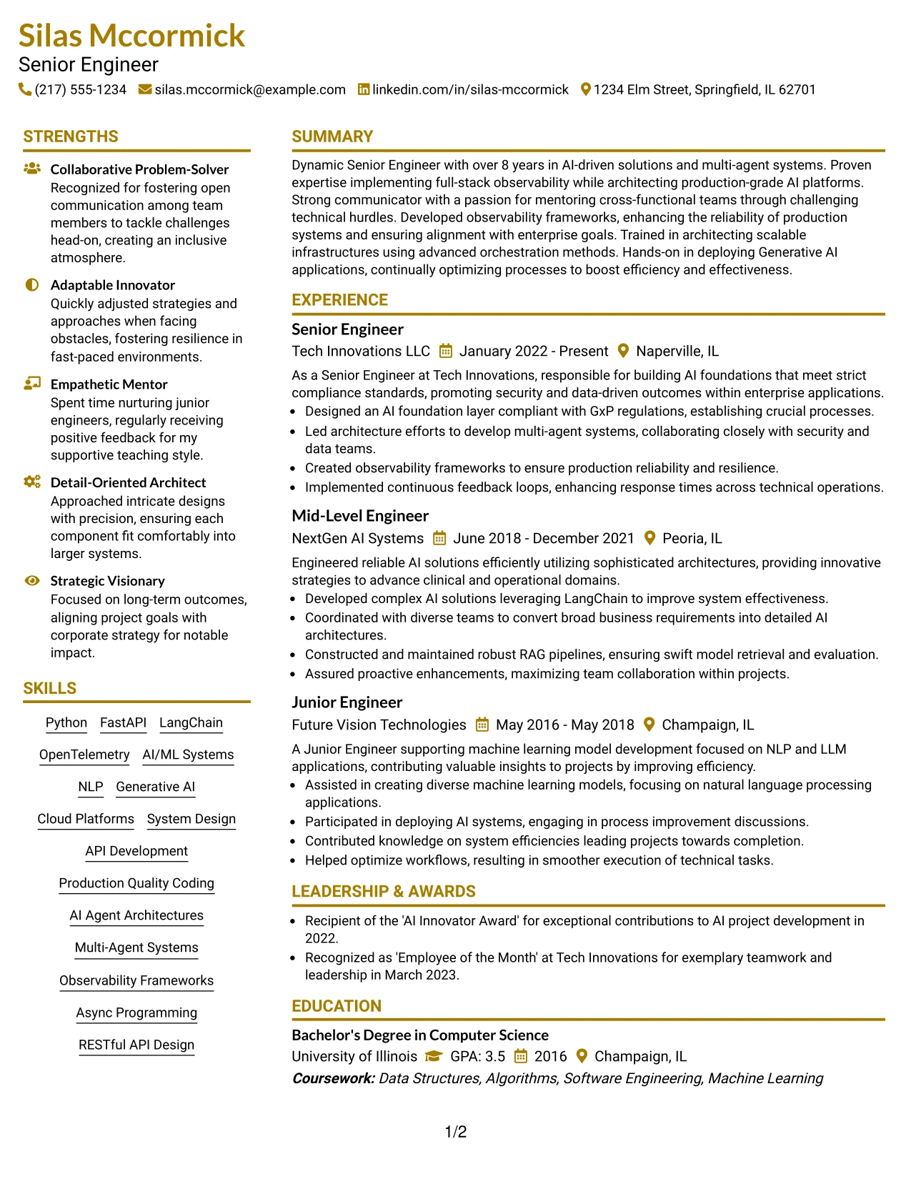 Resume Example Page 1