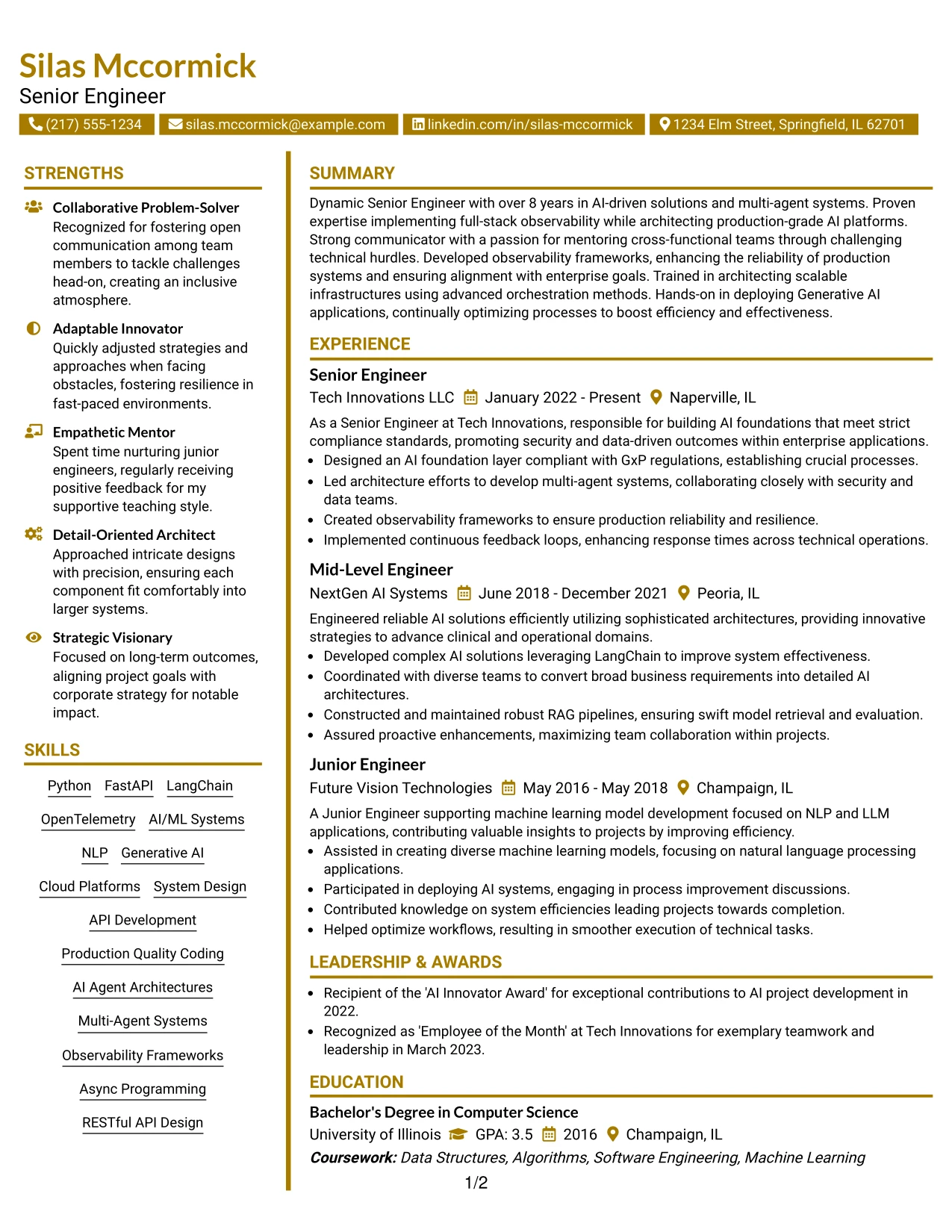 Resume Example Page 1