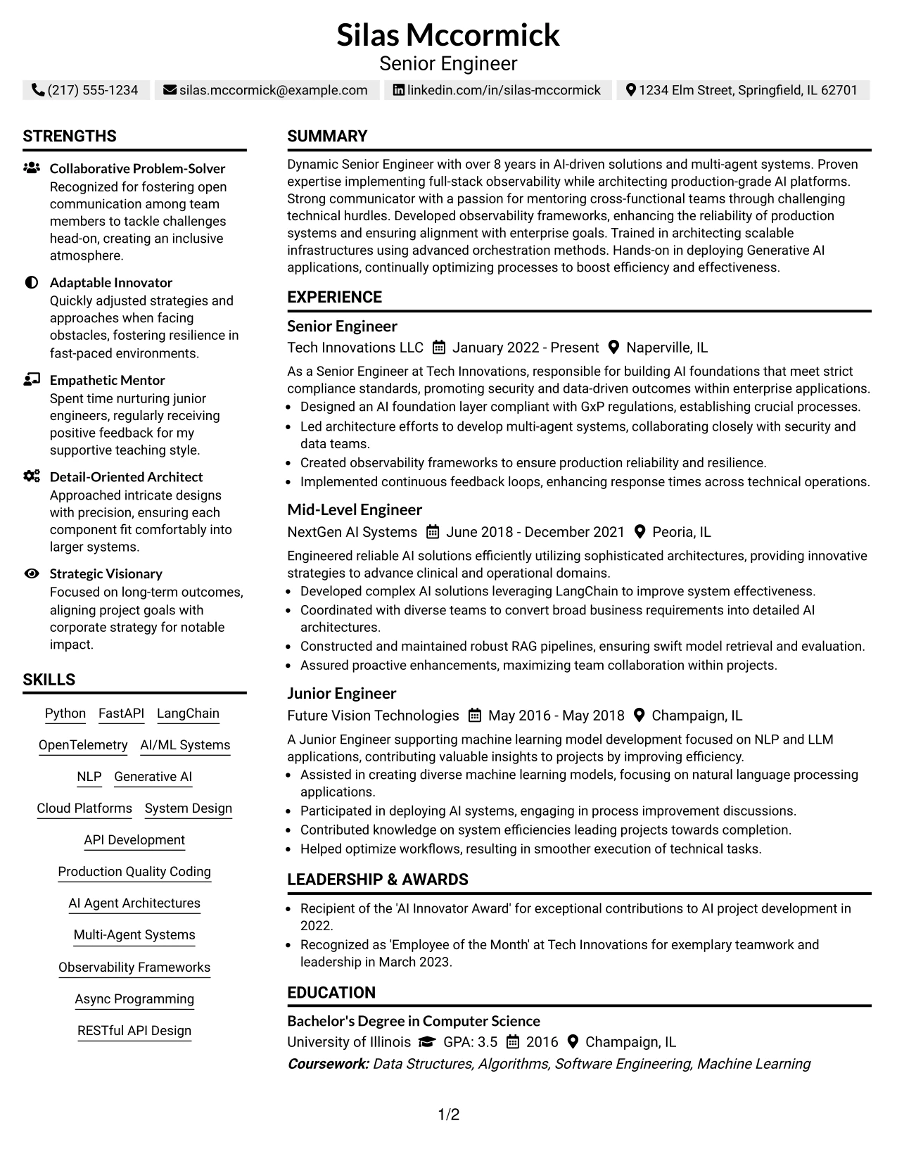 Resume Example Page 1