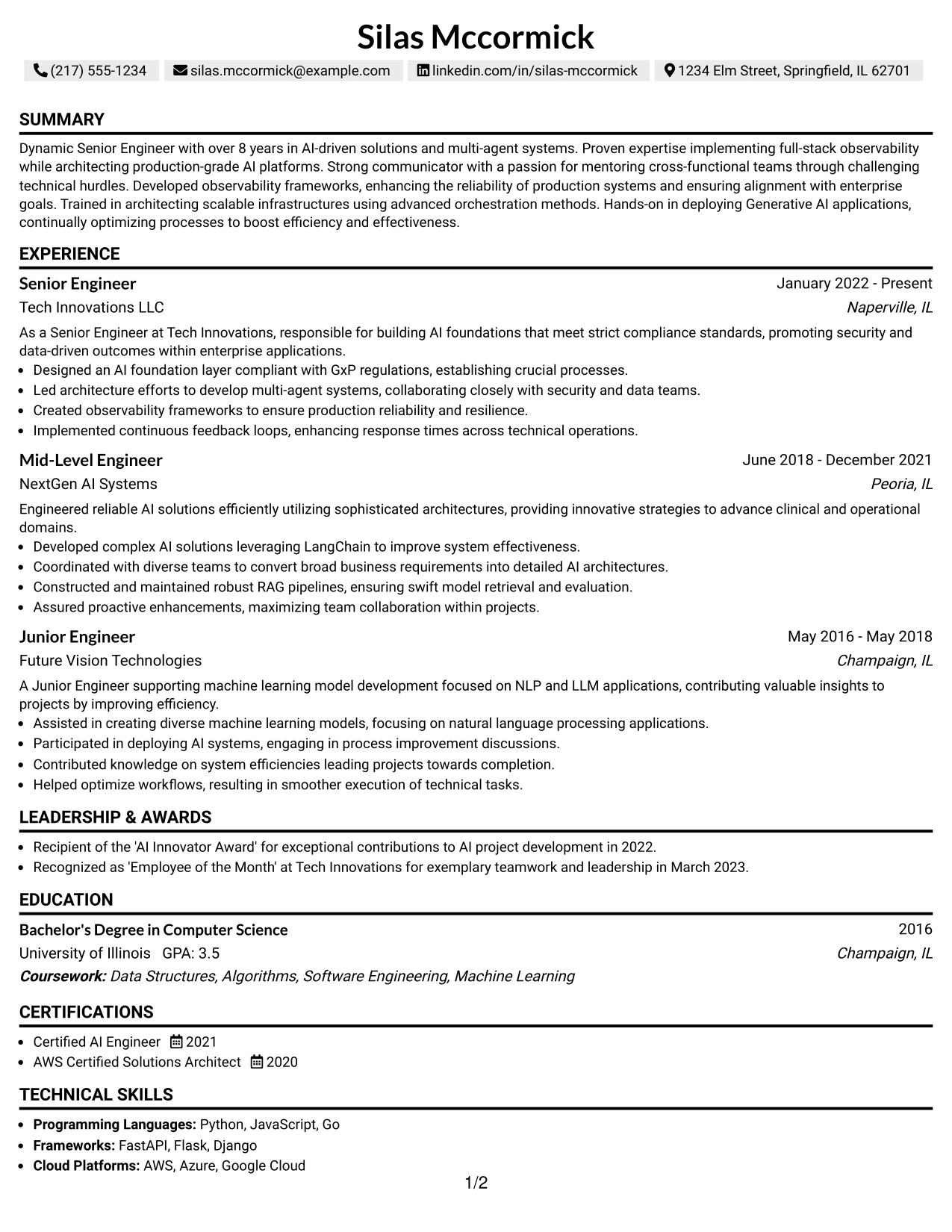 Resume Example Page 1