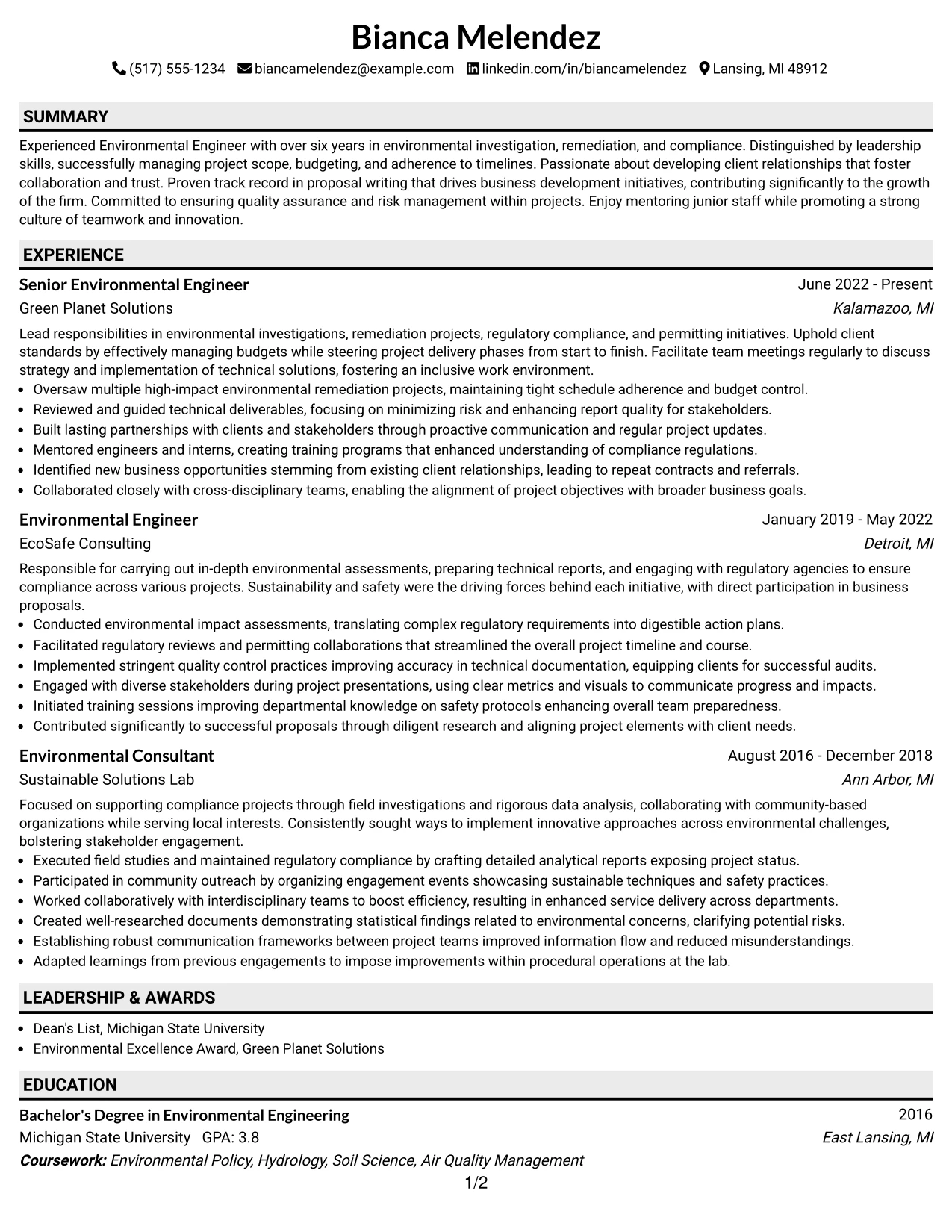 Resume Example Page 1