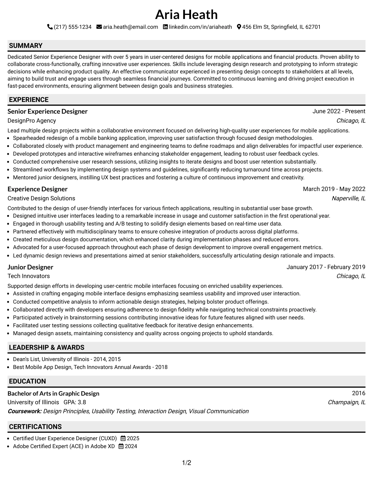Resume Example Page 1