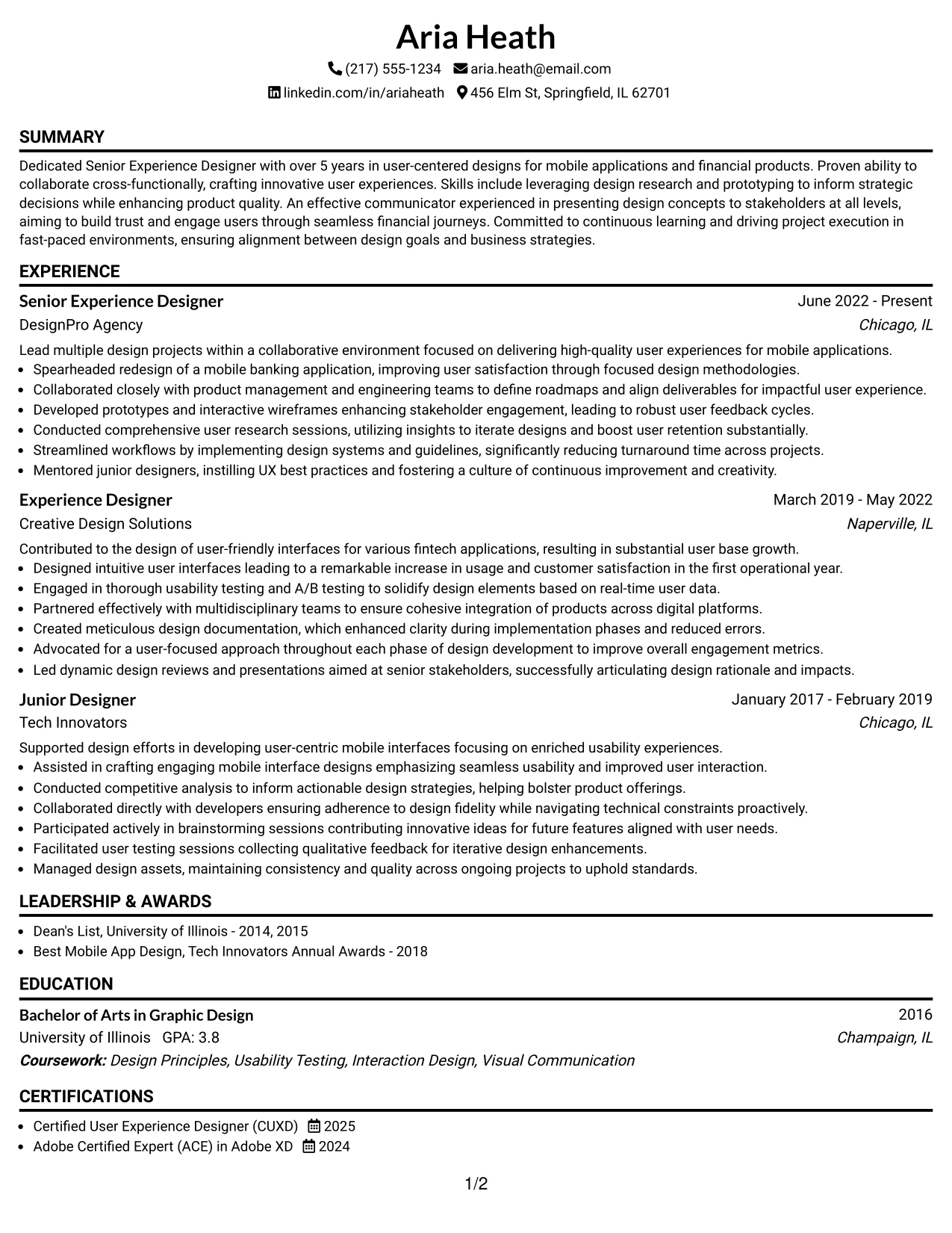Resume Example Page 1