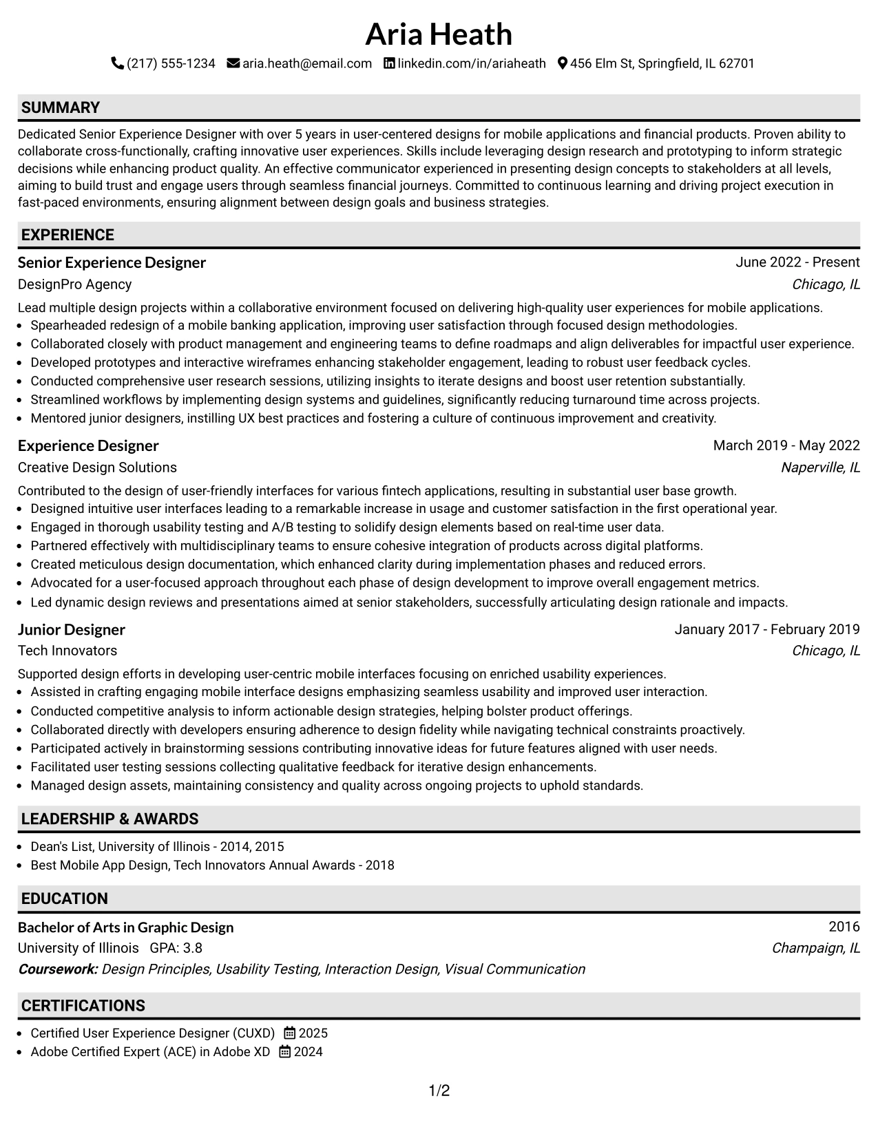 Resume Example Page 1